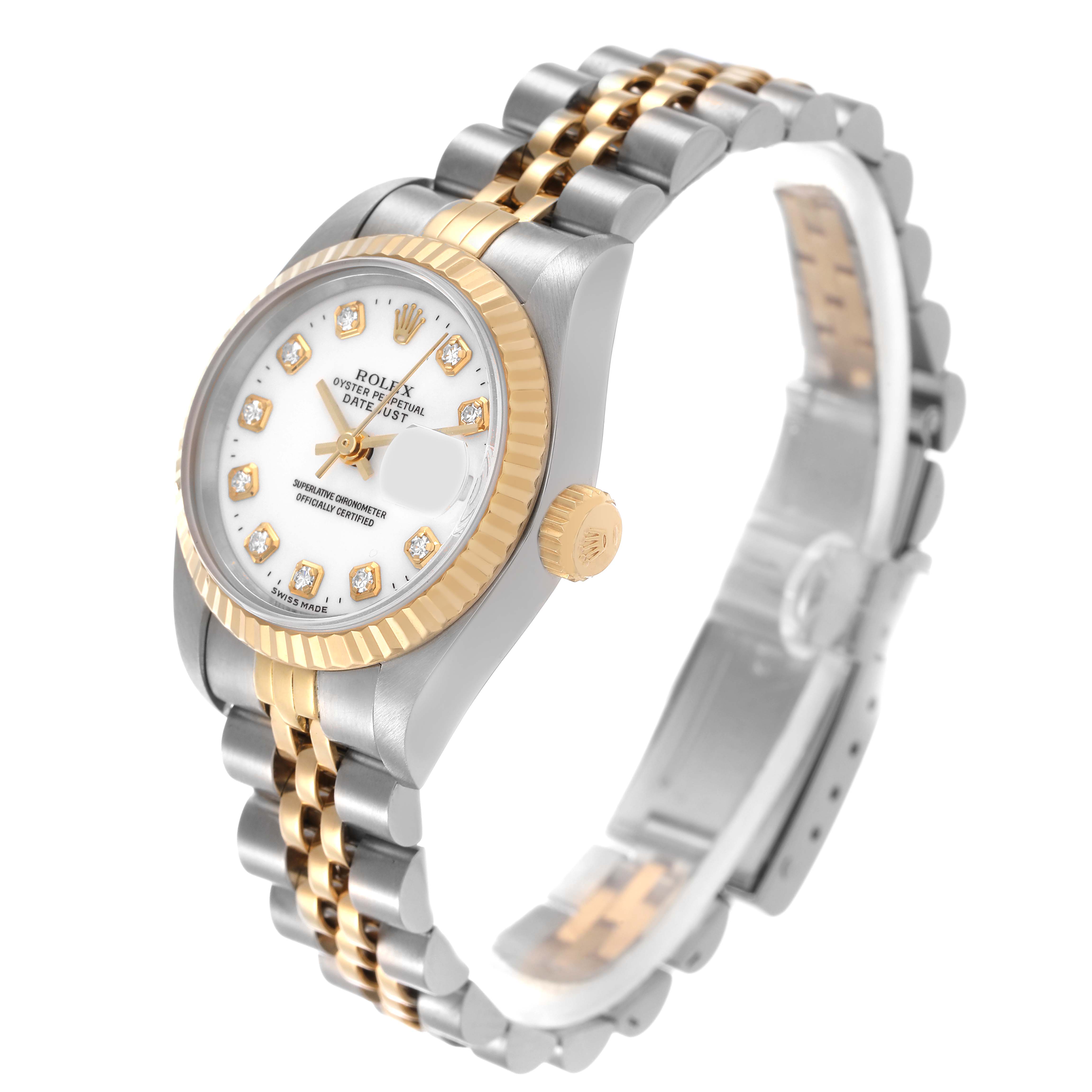 The Rolex Datejust 69173 Women's Steel and Gold (two tone) White Dial watch is shown at a three-quarter angle, highlighting the dial, bezel, crown, and two-tone bracelet.