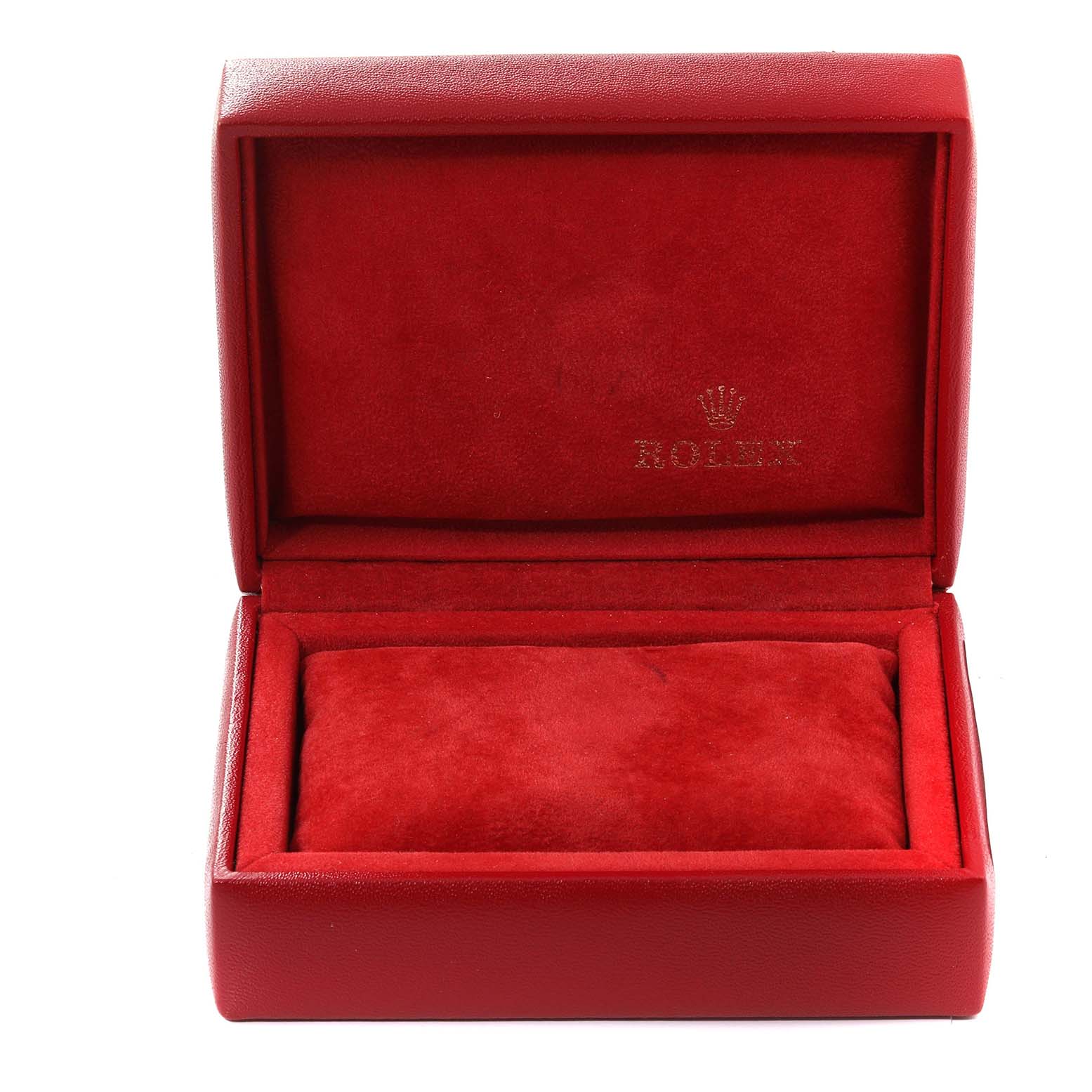 The image shows a red Rolex Datejust 69173 Women's Steel and Gold (two tone) Champagne Dial 69173 Women's Steel and Gold (two tone) Champagne Dial watch box, open to display the interior with a cushion.