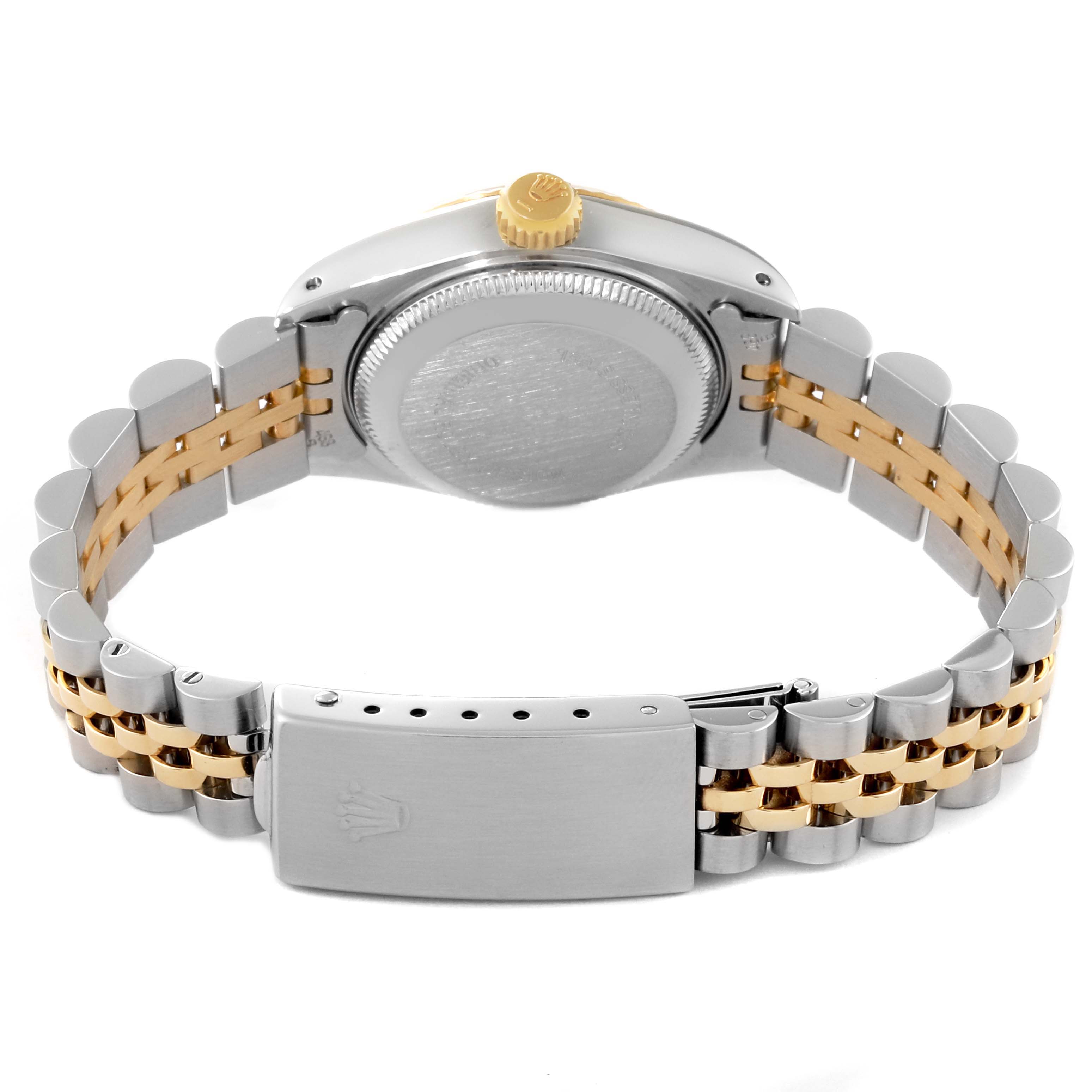 The image shows the back of a Rolex Datejust 69173 Women's Steel and Gold (two tone) Champagne Dial 69173 Women's Steel and Gold (two tone) Champagne Dial watch, highlighting the case back, crown, and two-tone bracelet.