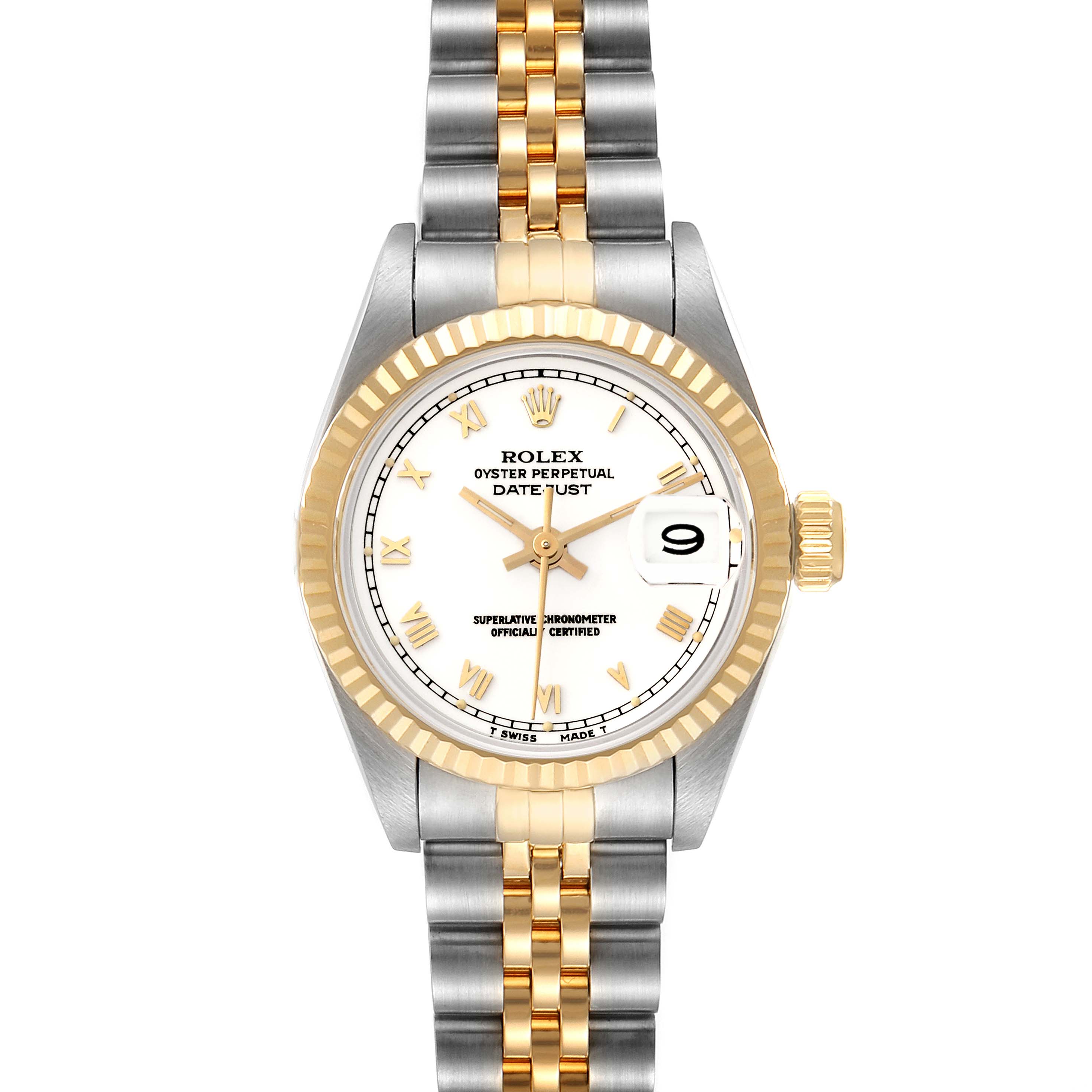 This image shows a front view of a Rolex Datejust 69173 Women's Steel and Gold (two tone) Champagne Dial 69173 Women's Steel and Gold (two tone) Champagne Dial watch, highlighting its dial, fluted bezel, and two-tone bracelet.