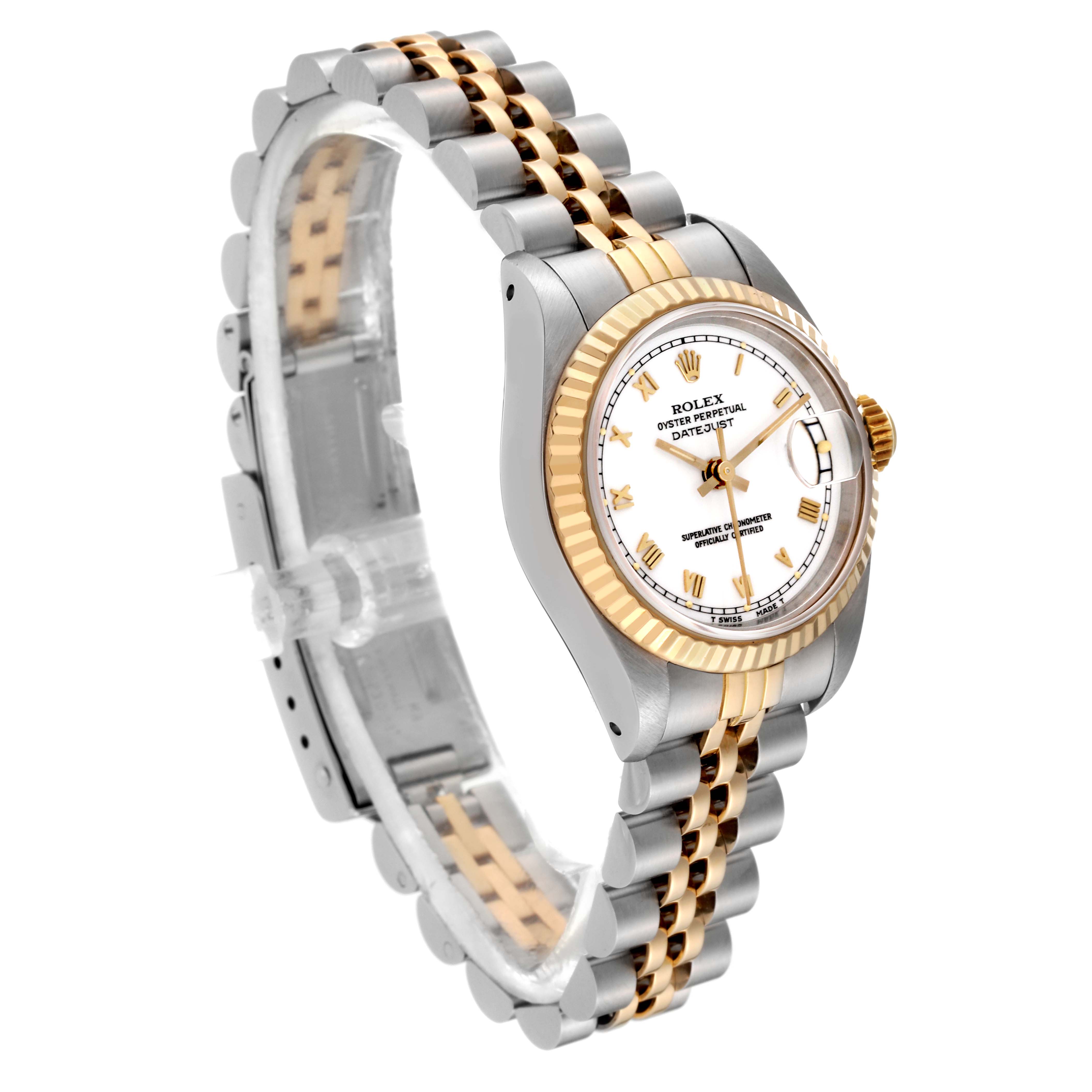 This image shows a Rolex Datejust 69173 Women's Steel and Gold (two tone) Champagne Dial 69173 Women's Steel and Gold (two tone) Champagne Dial watch from an angled side view, highlighting the face, bezel, and two-tone bracelet.