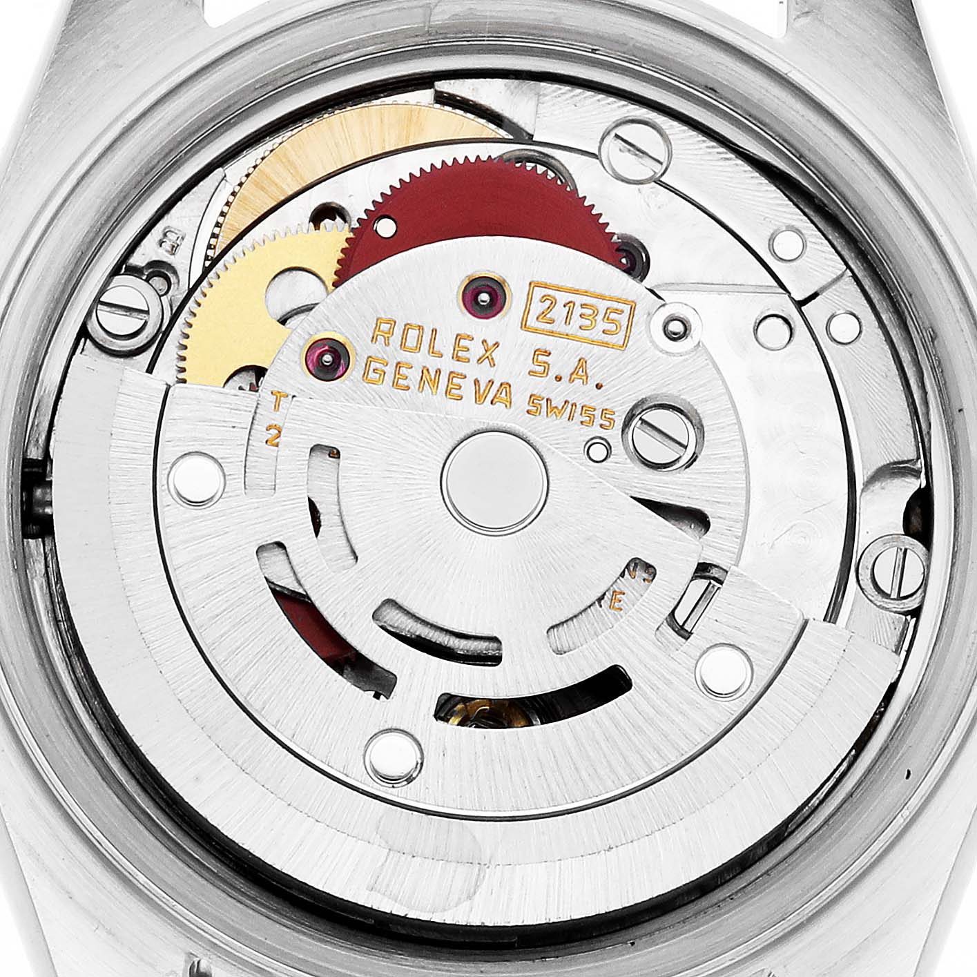 The image shows the internal mechanism of a Rolex Datejust 69173 Women's Steel and Gold (two tone) Champagne Dial 69173 Women's Steel and Gold (two tone) Champagne Dial model watch from a rear angle, highlighting its movement components.