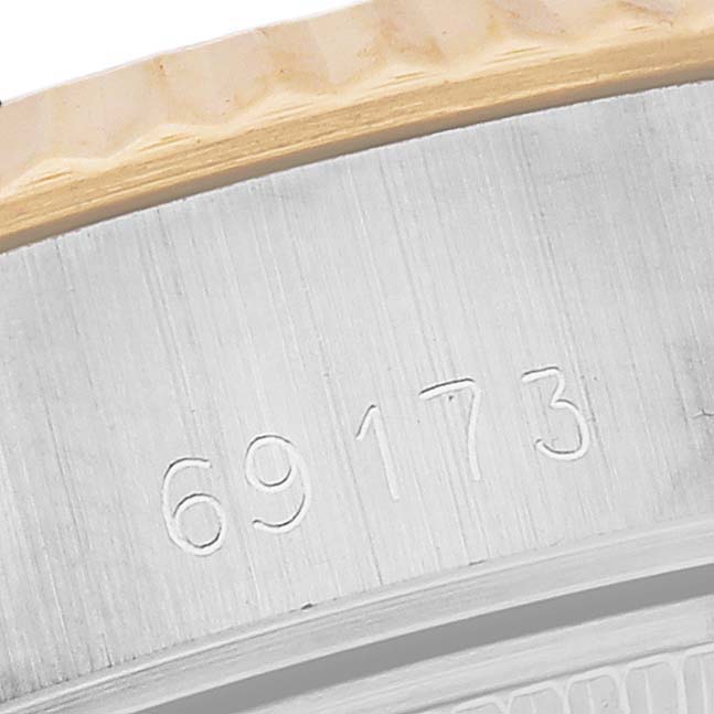 The image shows a close-up of the model number "69173" engraved on the case of a Rolex Datejust 69173 Women's Steel and Gold (two tone) Champagne Dial 69173 Women's Steel and Gold (two tone) Champagne Dial watch.