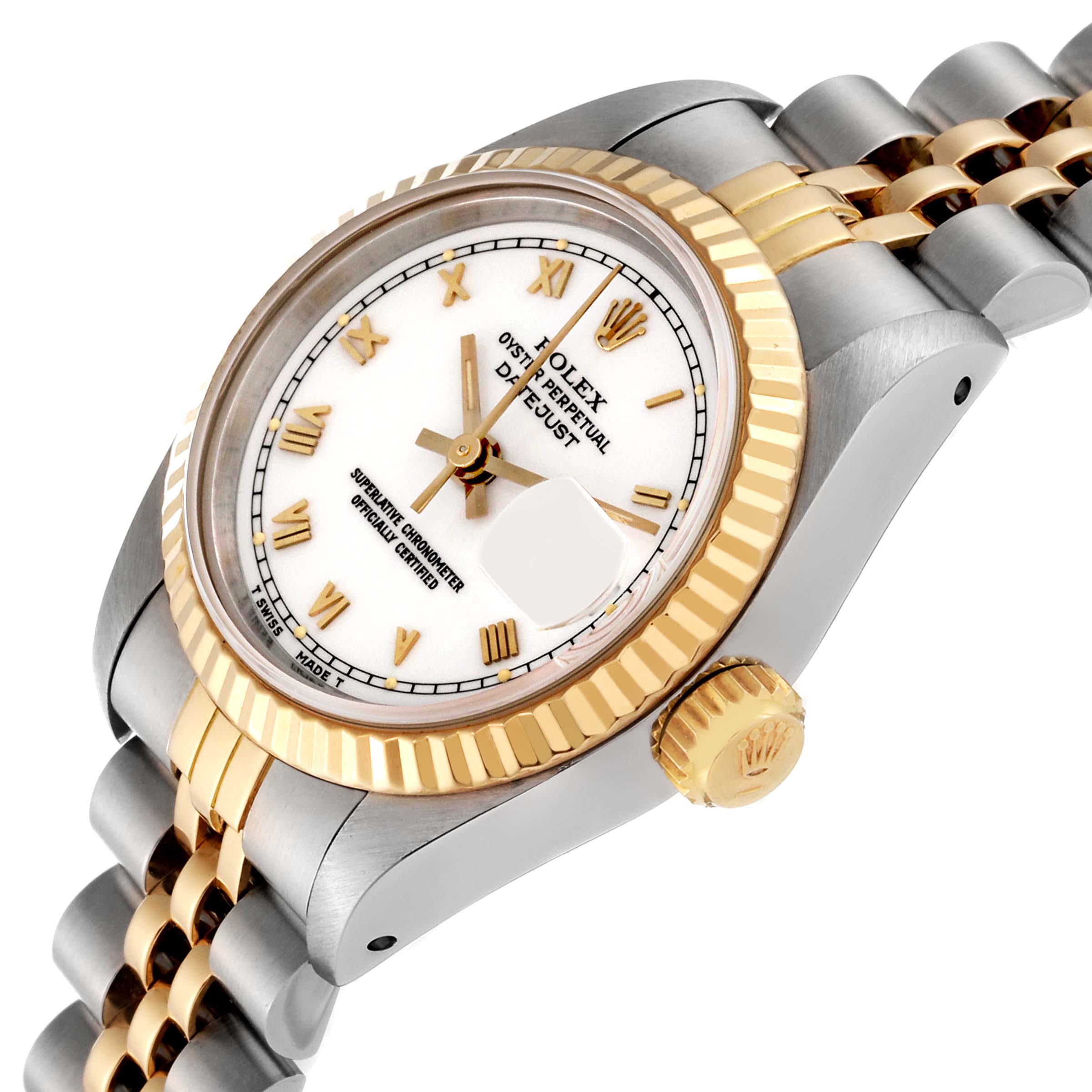 The image shows a Rolex Datejust 69173 Women's Steel and Gold (two tone) Champagne Dial 69173 Women's Steel and Gold (two tone) Champagne Dial watch from an angled side view, featuring the dial, bezel, crown, and part of the bracelet.