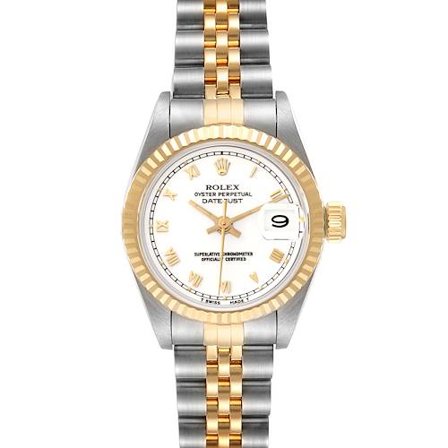 The image shows a front view of a Rolex Datejust watch with a two-tone stainless steel and gold bracelet, fluted bezel, and a white dial.