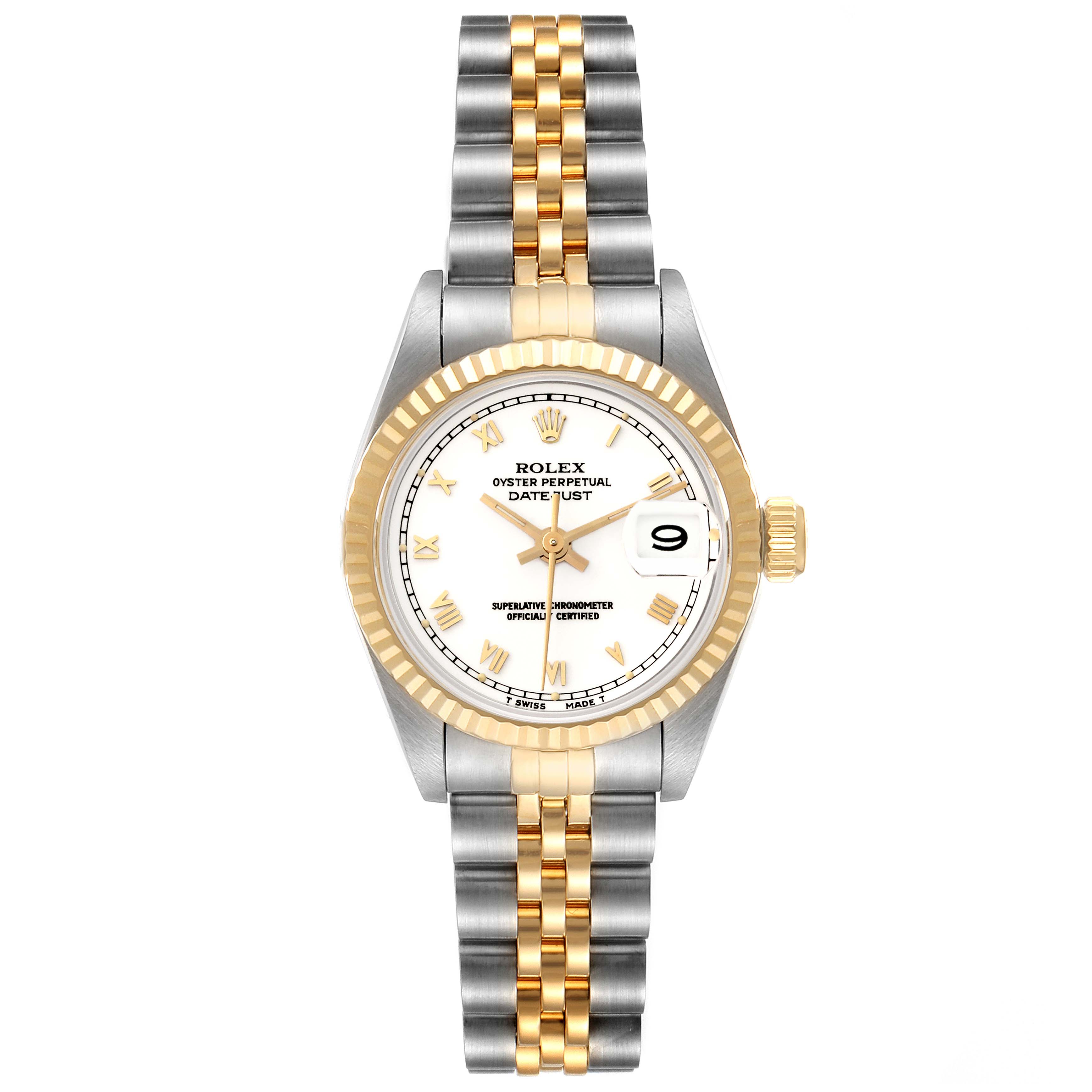 The image shows a front-facing view of a Rolex Datejust 69173 Women's Steel and Gold (two tone) Champagne Dial 69173 Women's Steel and Gold (two tone) Champagne Dial watch, highlighting the dial, fluted bezel, and two-tone bracelet.