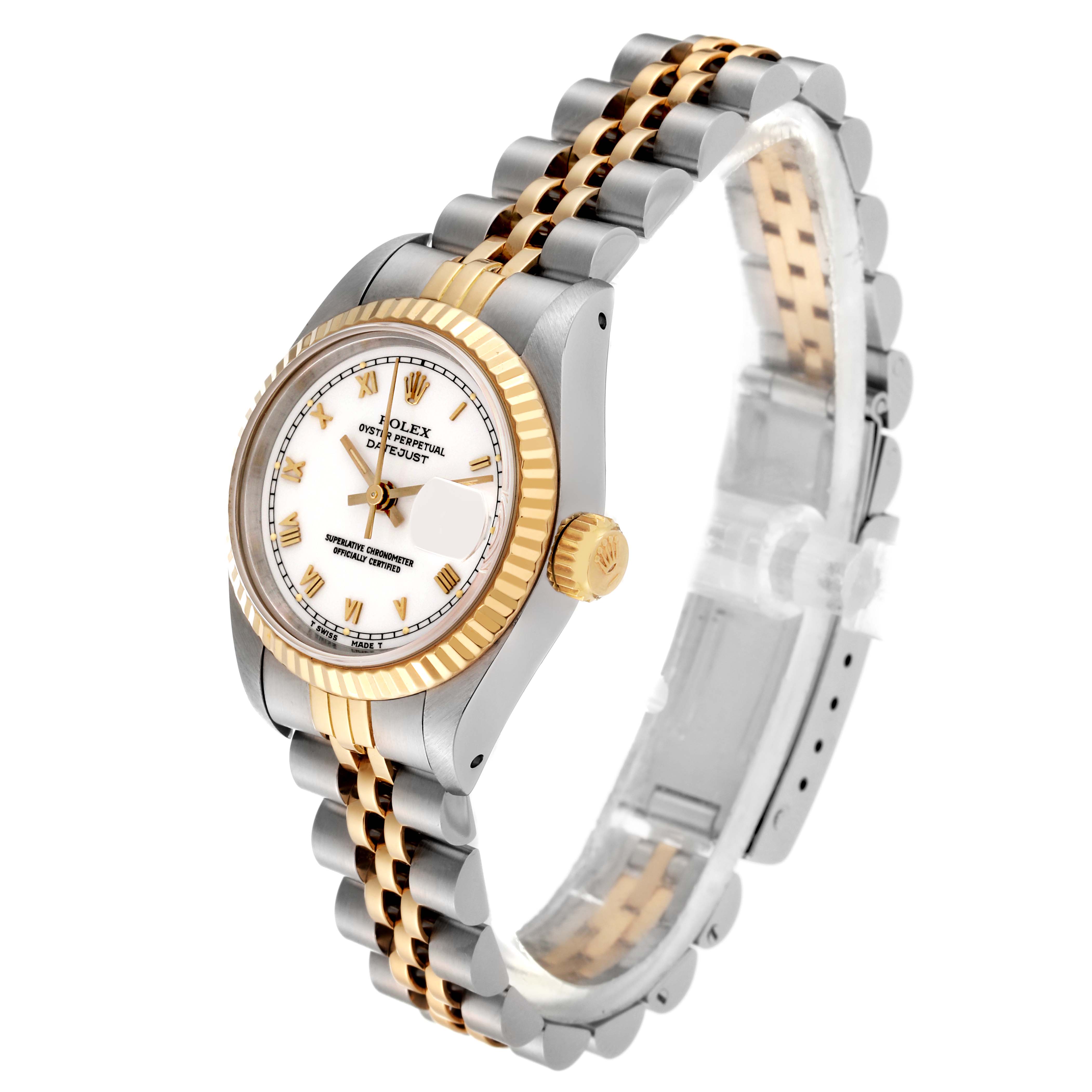 This Rolex Datejust 69173 Women's Steel and Gold (two tone) Champagne Dial 69173 Women's Steel and Gold (two tone) Champagne Dial model watch is shown at a slight angle, highlighting the face, crown, and two-tone jubilee bracelet.