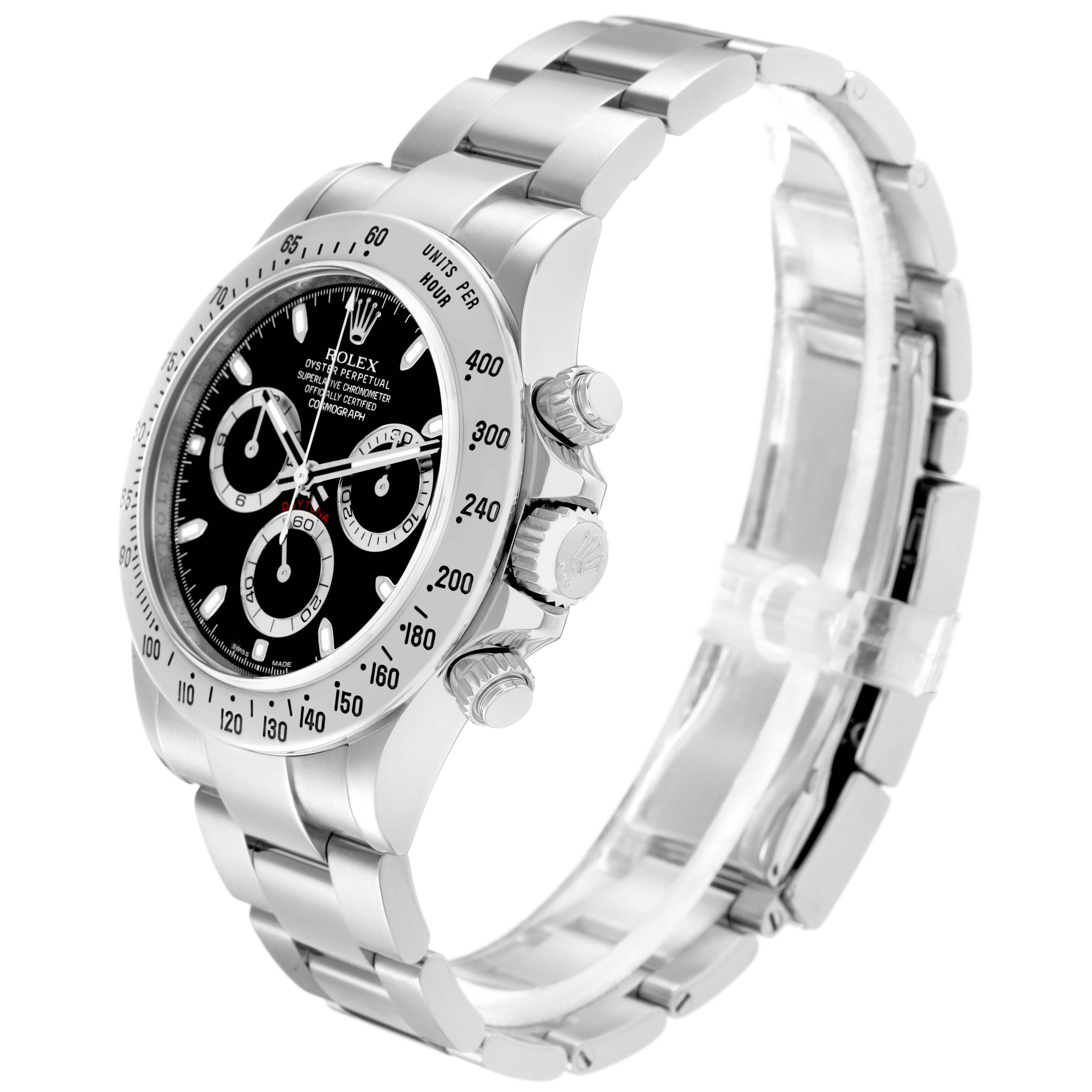 The image shows a Rolex Daytona model 116520 from a side angle, highlighting its bezel, crown, pushers, and bracelet.