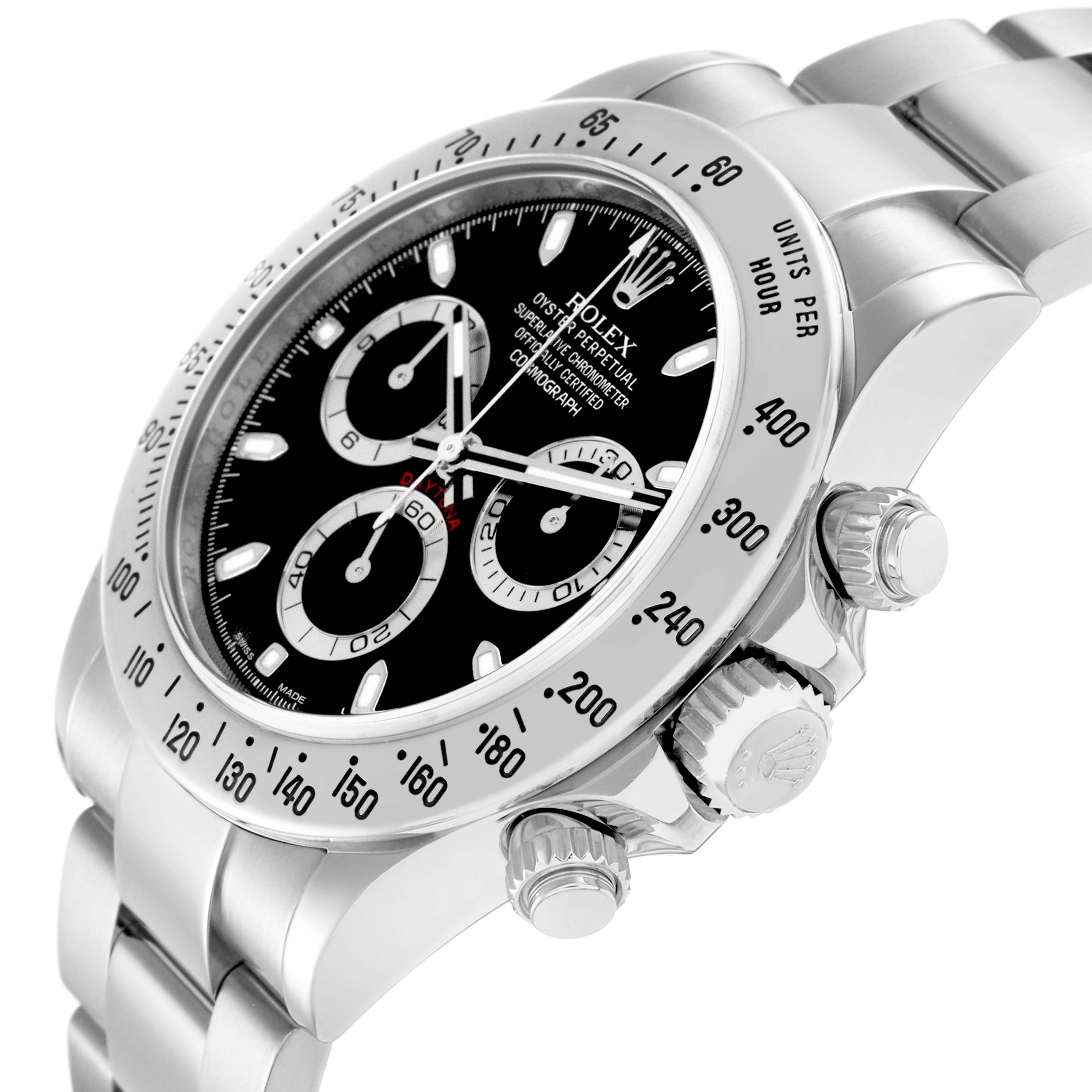 The Rolex Daytona model 116520 watch is shown at a three-quarter angle, highlighting the bezel, dial, sub-dials, crown, and part of the bracelet.