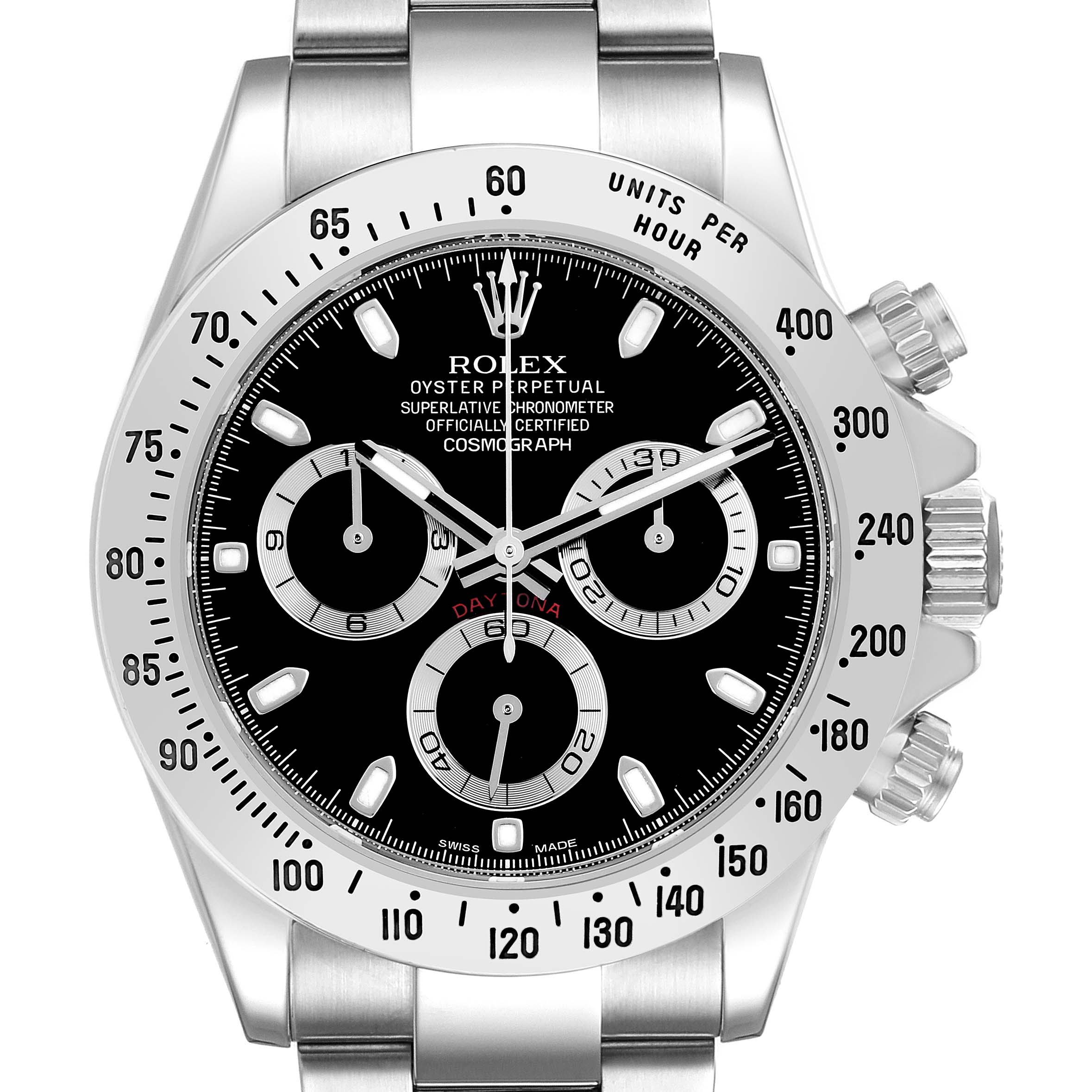 The Rolex Daytona model 116520 men's watch is shown from a front angle, displaying its black dial, subdials, tachymetric bezel, and stainless steel bracelet.