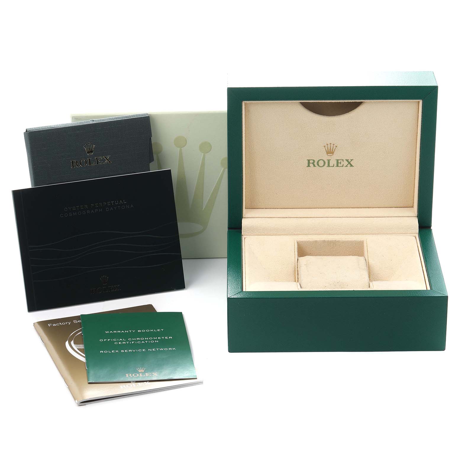 The image shows a Rolex Daytona watch box with model number 116520, along with warranty booklets and packaging materials.