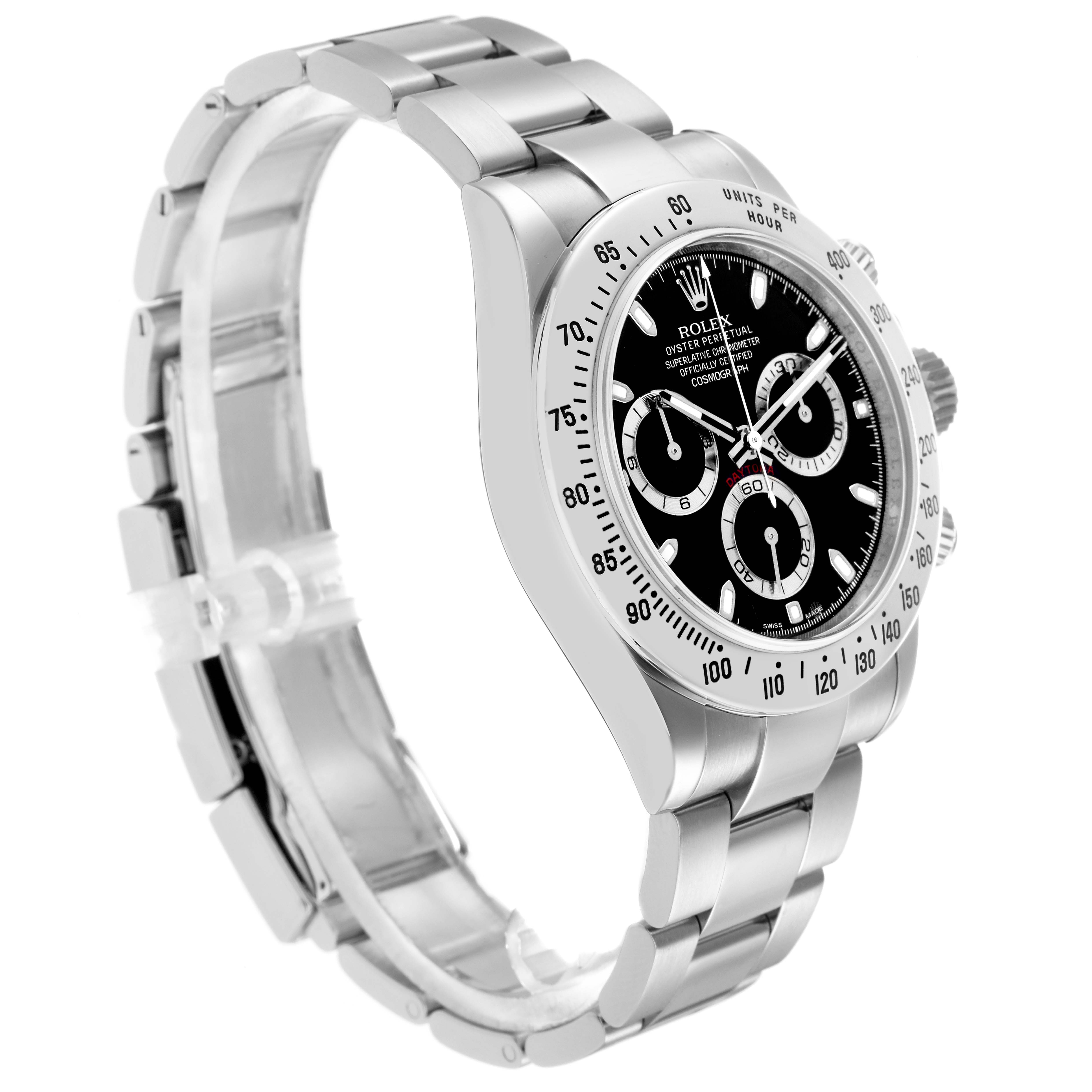 The Rolex Daytona model 116520 is shown at a three-quarter angle, highlighting the bezel, black dial, subdials, and bracelet.