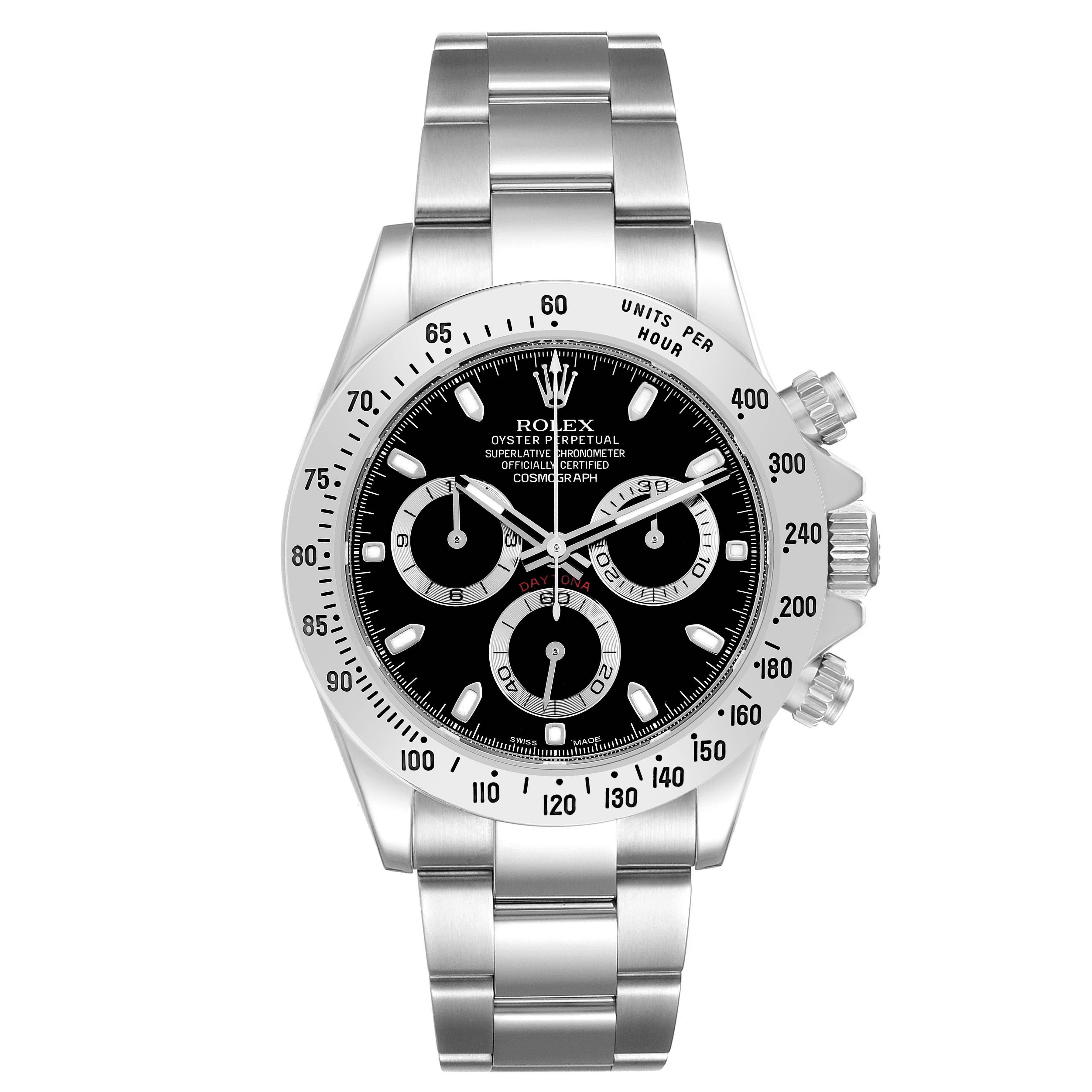 The Rolex Daytona model 116520 men's watch is shown from a front angle, displaying its black dial, chronograph sub-dials, bezel, and stainless steel bracelet.