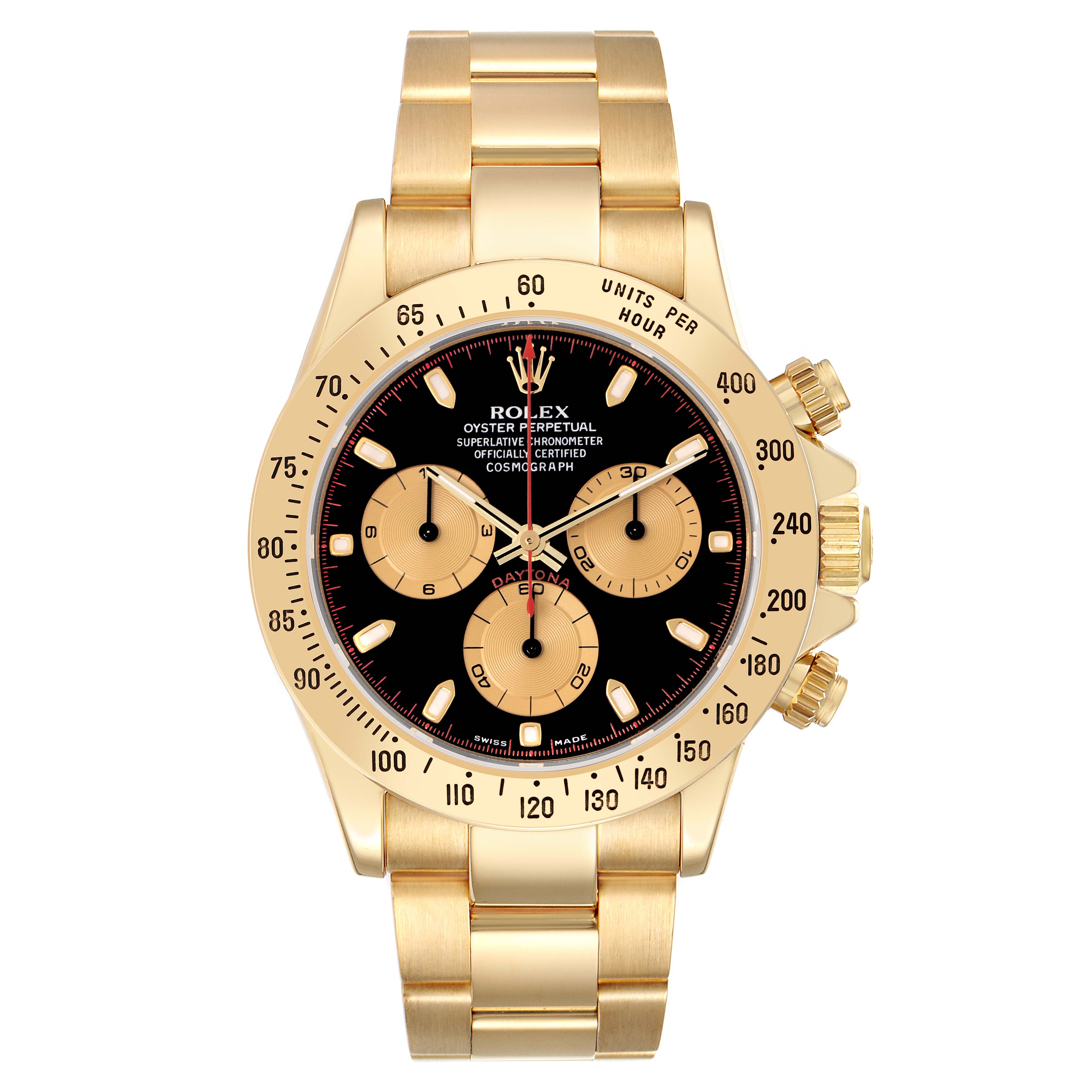 The Rolex Daytona model 116528 men's watch is shown from a top-down angle, displaying its face, bezel, case, and bracelet.