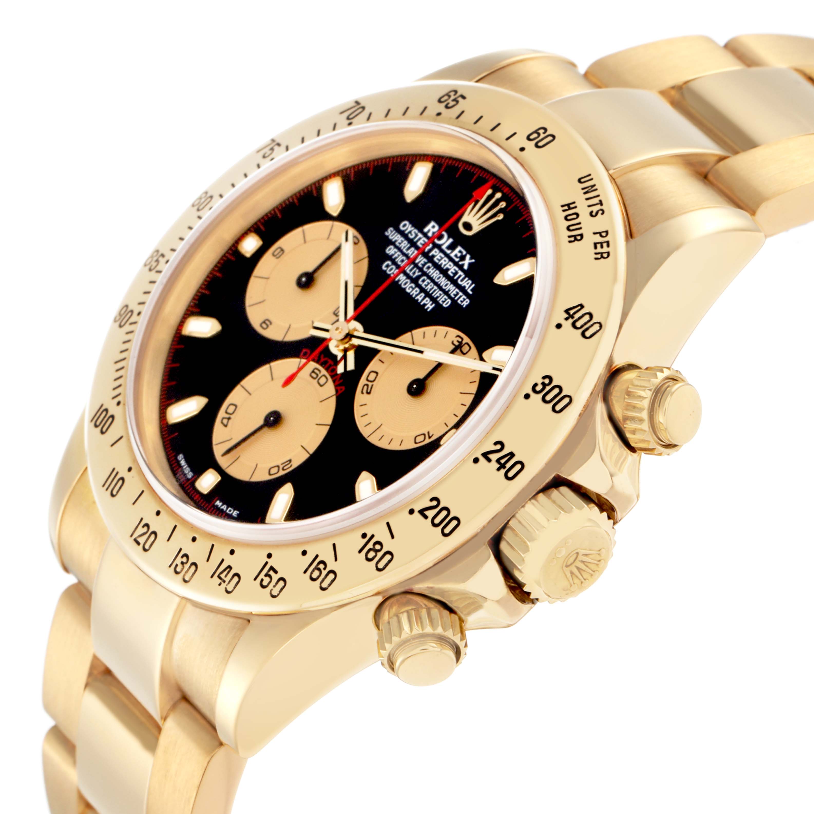 The Rolex Daytona model 116528 is shown from a three-quarter angle, highlighting the bezel, sub-dials, crown, and part of the bracelet.