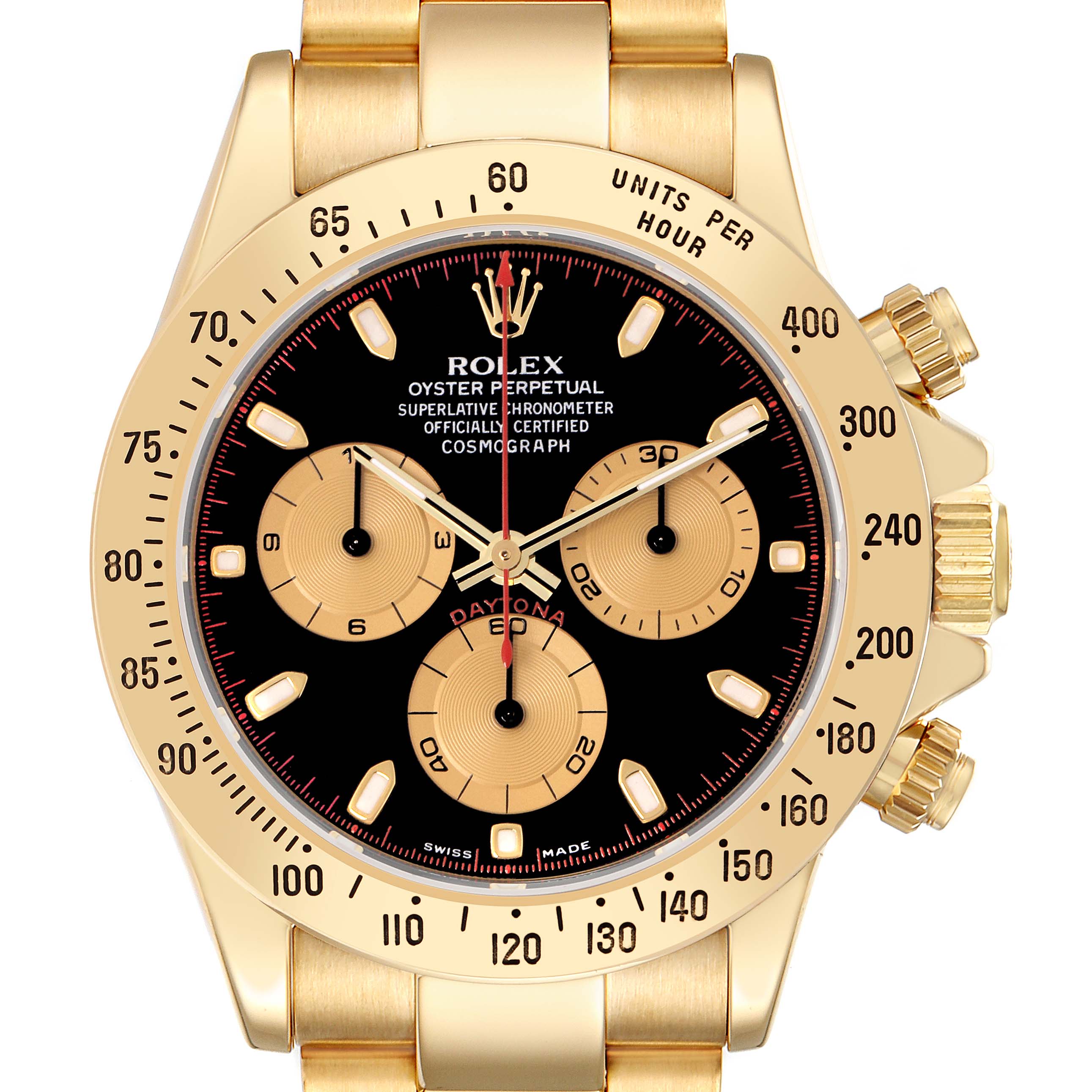 The Rolex Daytona model 116528 is shown from a straight-on angle, highlighting its dial, bezel with tachymetric scale, and crown.
