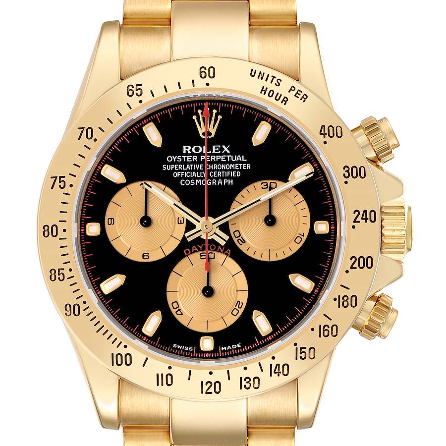 The Rolex Daytona model 116528 is shown from a straight-on angle, highlighting its dial, bezel with tachymetric scale, and crown.
