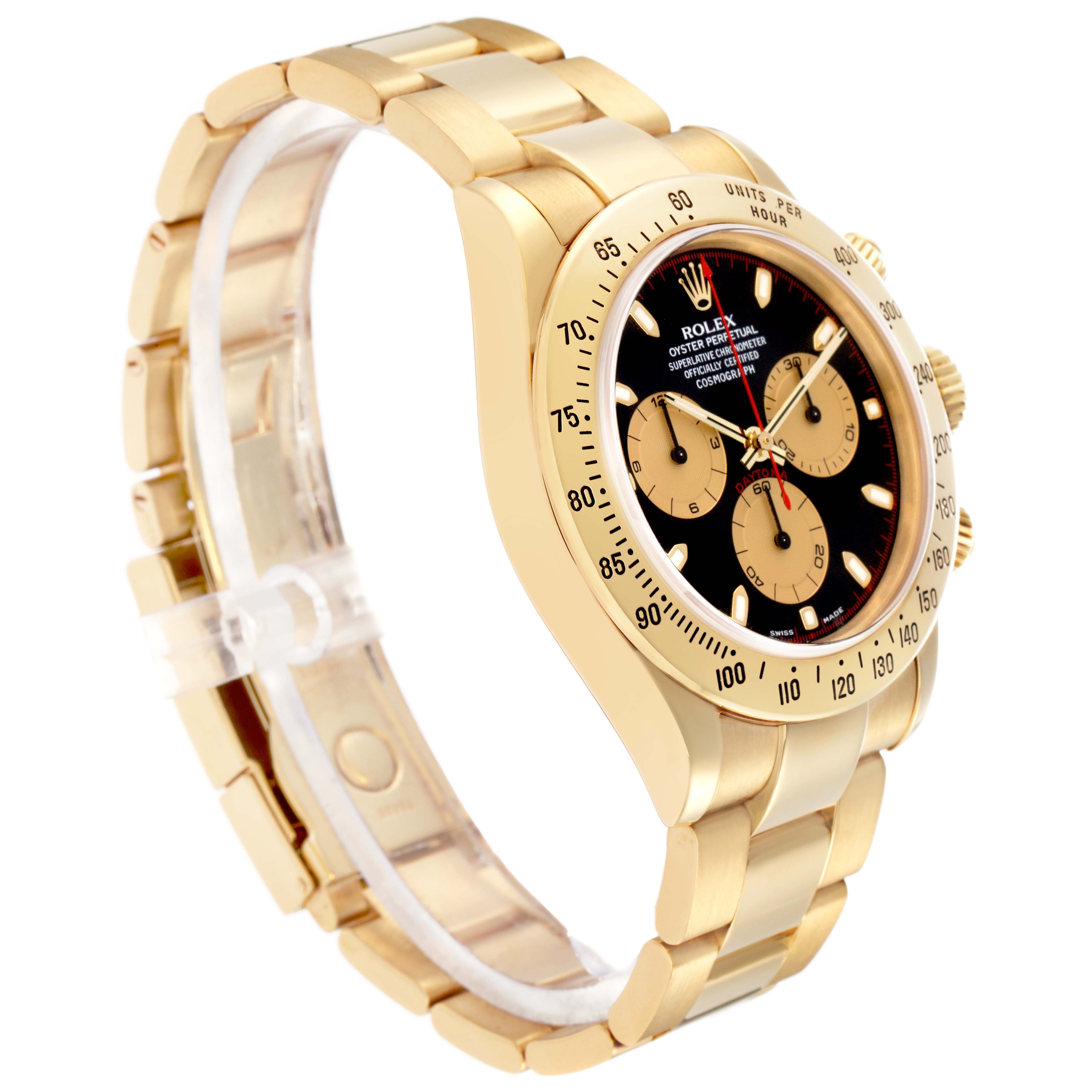 The Rolex Daytona 116528 men's watch is shown at an angled side view, highlighting the case, bezel, dial, push buttons, and bracelet.