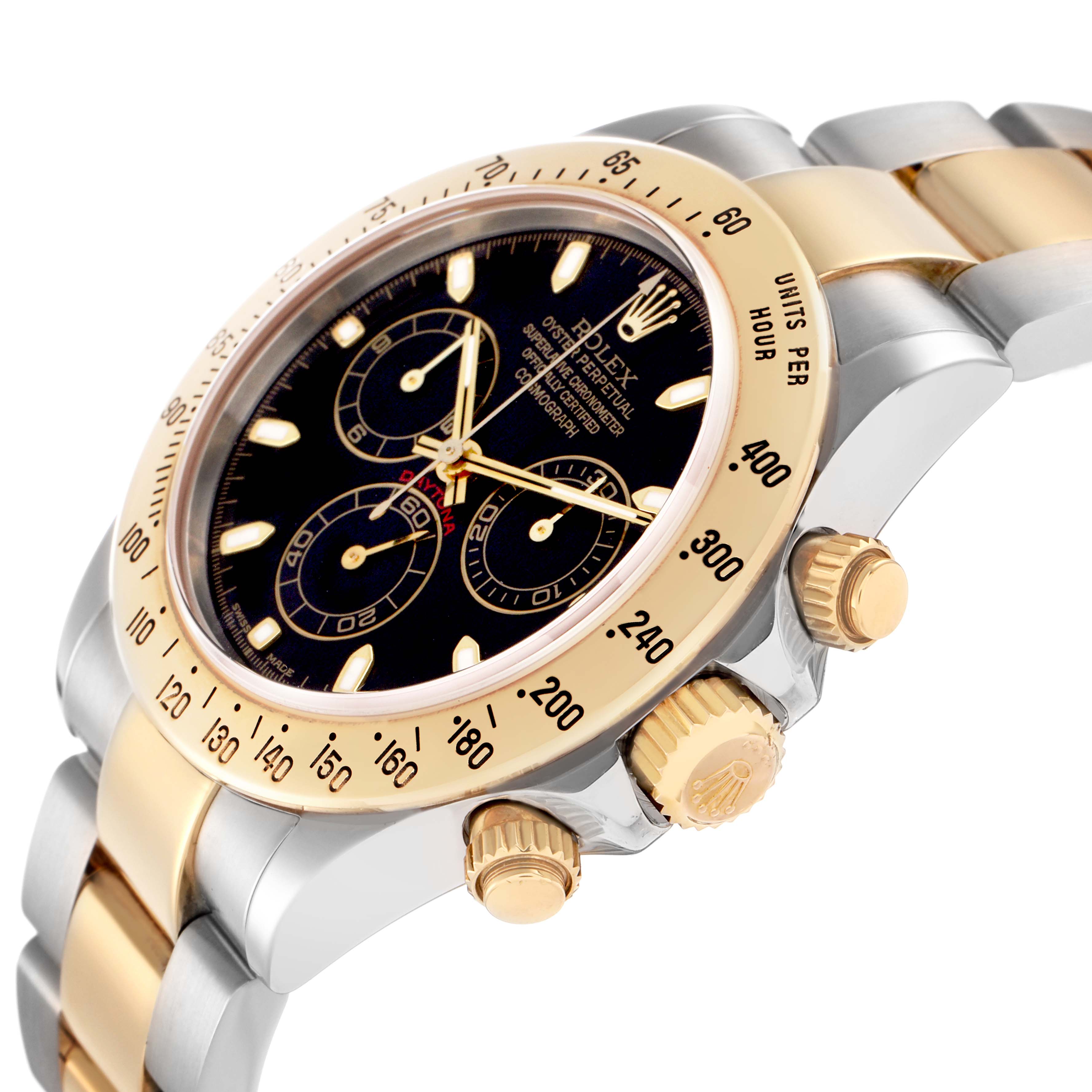 The Rolex Daytona model 116523 watch is shown at an angled view, highlighting the bezel, crown, pushers, and part of the bracelet.