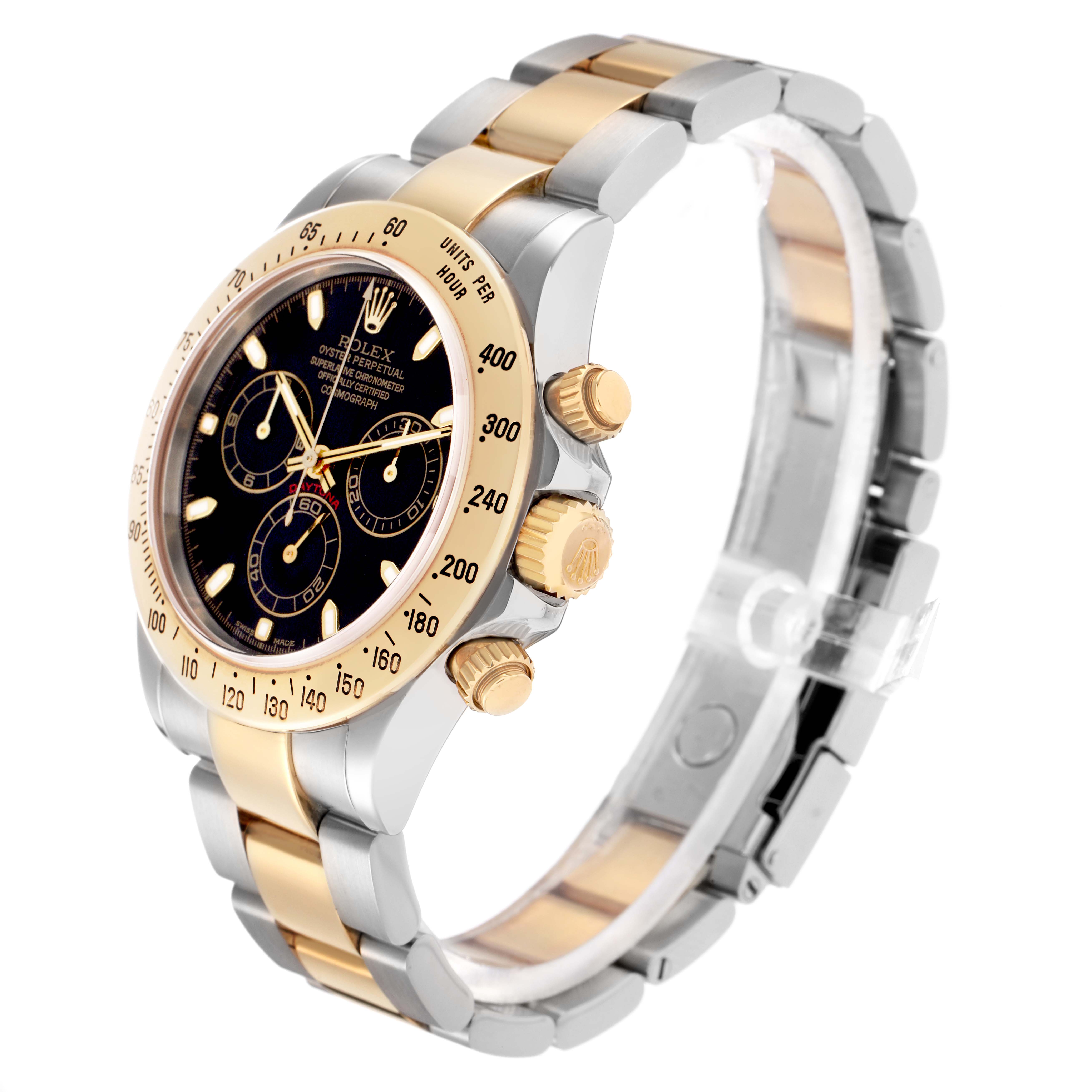 The Rolex Daytona model 116523 is shown at a side angle, highlighting its gold and silver bracelet, bezel, crown, and pushers on the right side.