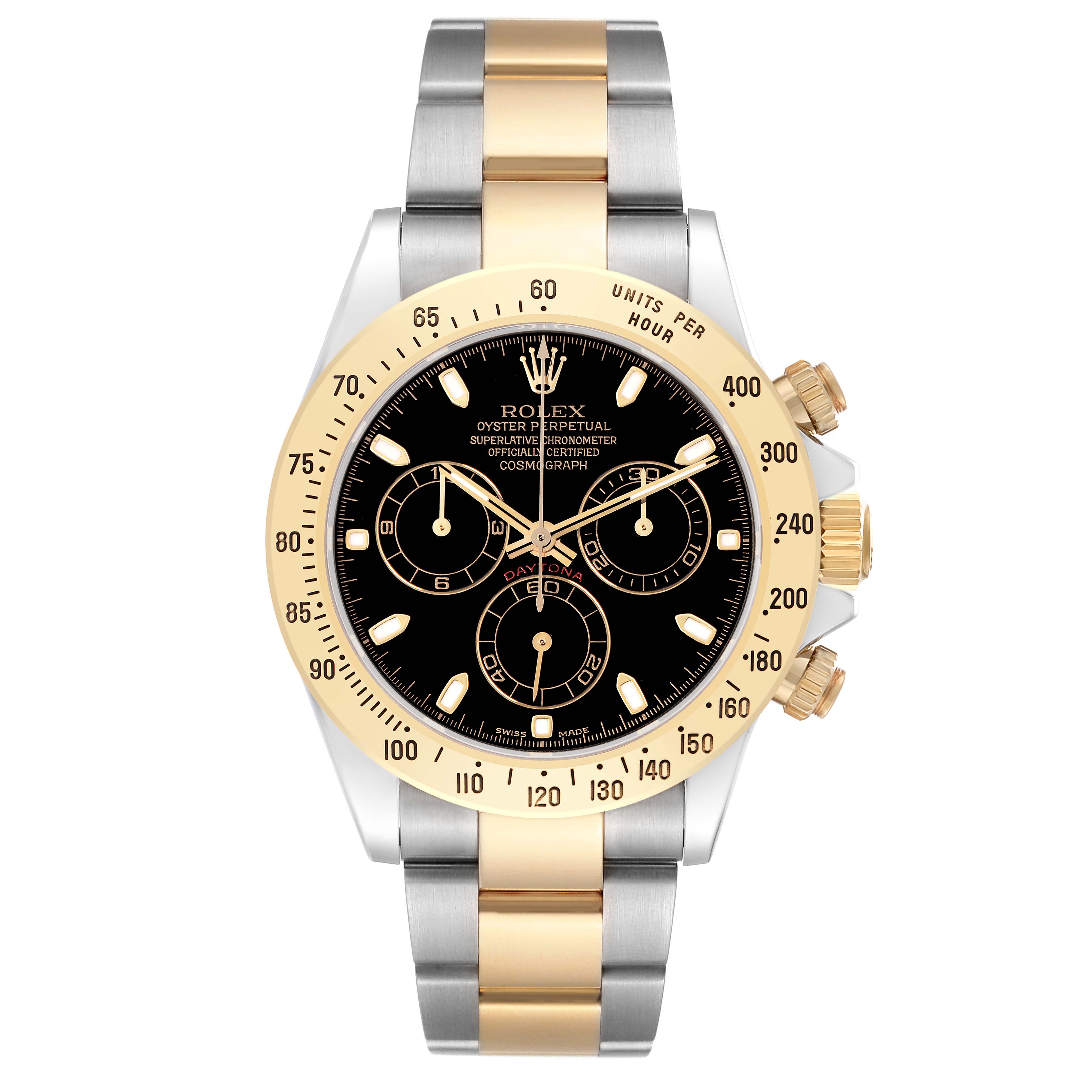 The image shows a frontal view of a Rolex Daytona model 116523 men's watch, displaying the face, bezel, pushers, and part of the bracelet.