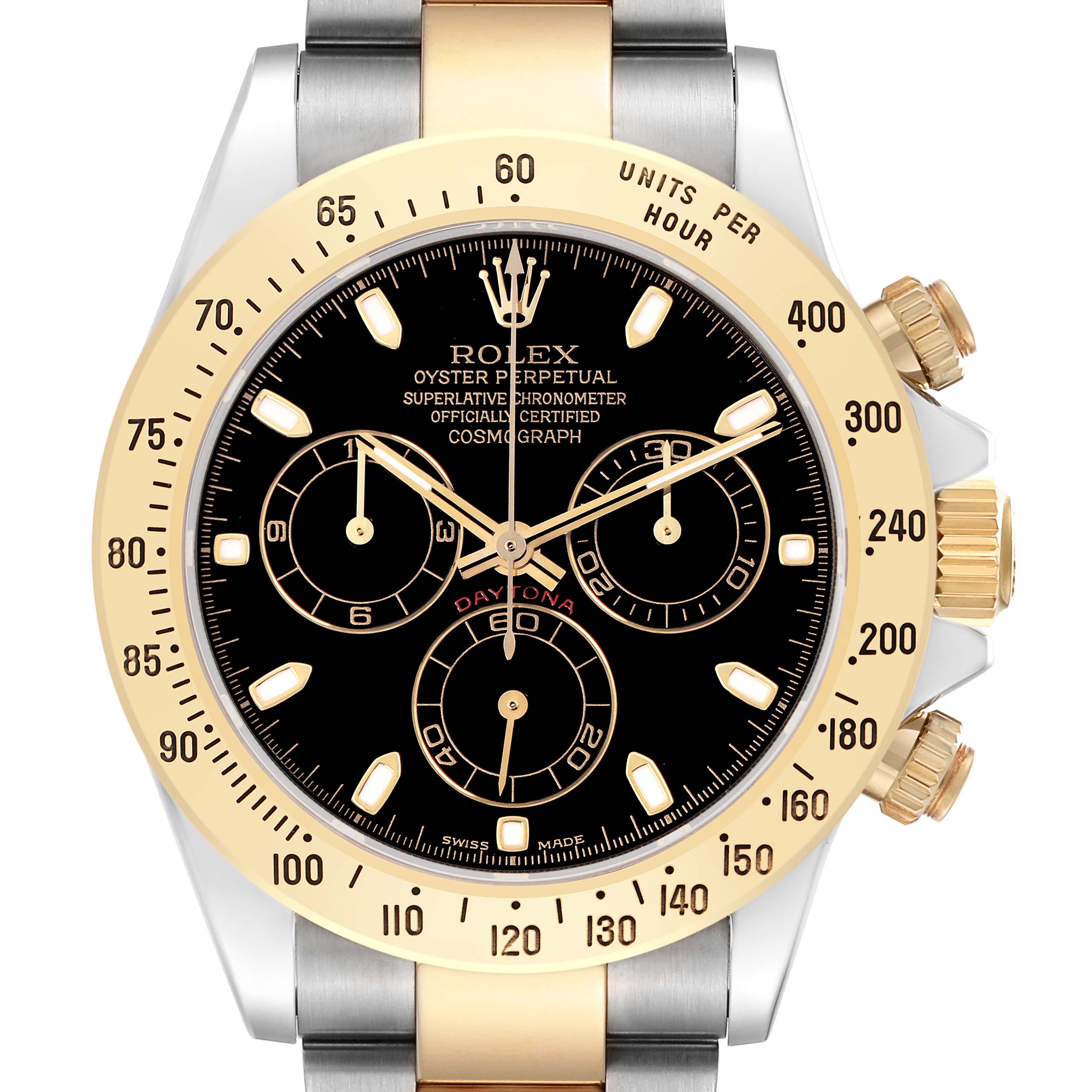 The image shows a front view of a Rolex Daytona model 116523 men's watch, featuring the dial, bezel, and partial bracelet.