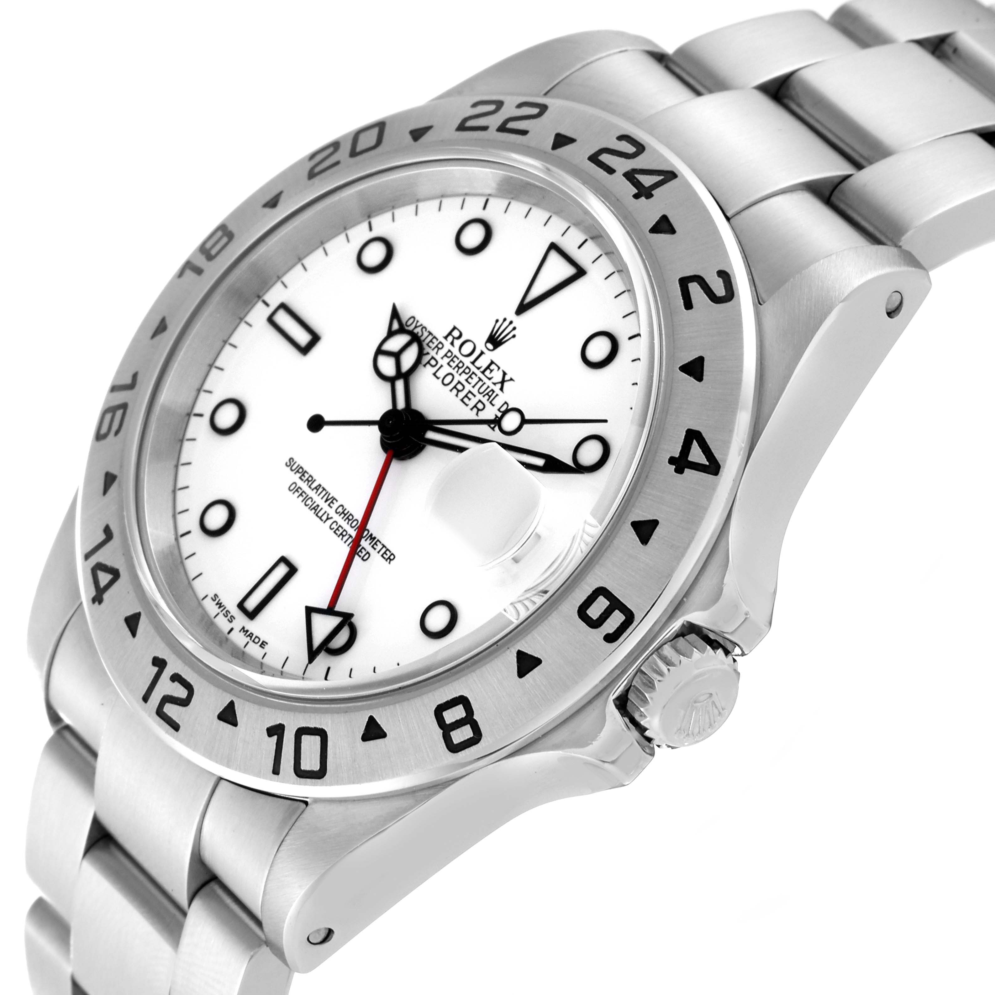 This image shows an angled close-up of the Rolex Explorer 16570 Men's Stainless Steel White Dial 16570 Men's Stainless Steel White Dial watch face and stainless steel bracelet.