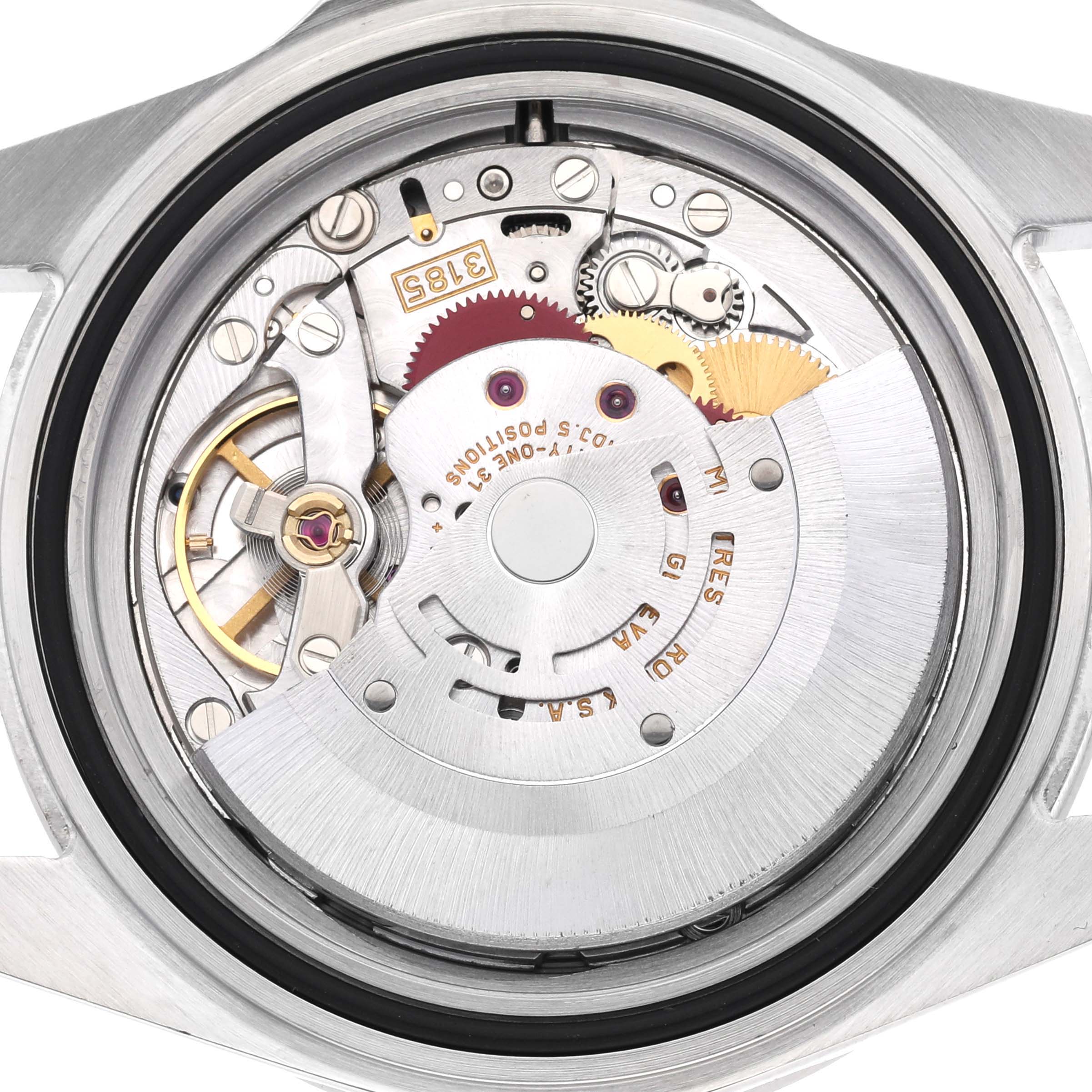 The image shows the internal mechanism and components of a Rolex Explorer 16570 Men's Stainless Steel White Dial 16570 Men's Stainless Steel White Dial model watch from a rear view angle.