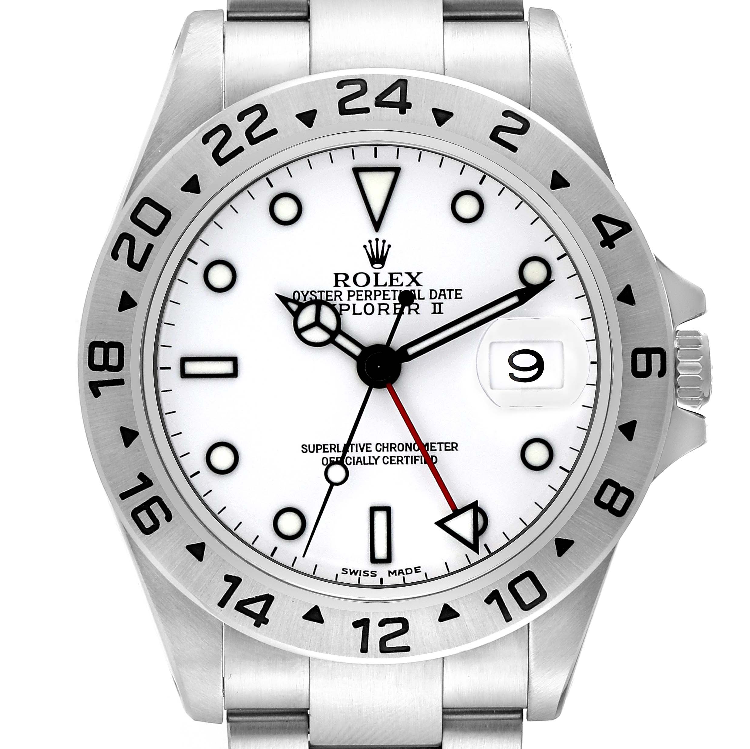 This image shows a frontal view of a Rolex Explorer 16570 Men's Stainless Steel White Dial 16570 Men's Stainless Steel White Dial watch, highlighting its white dial, date window, and stainless steel bezel.
