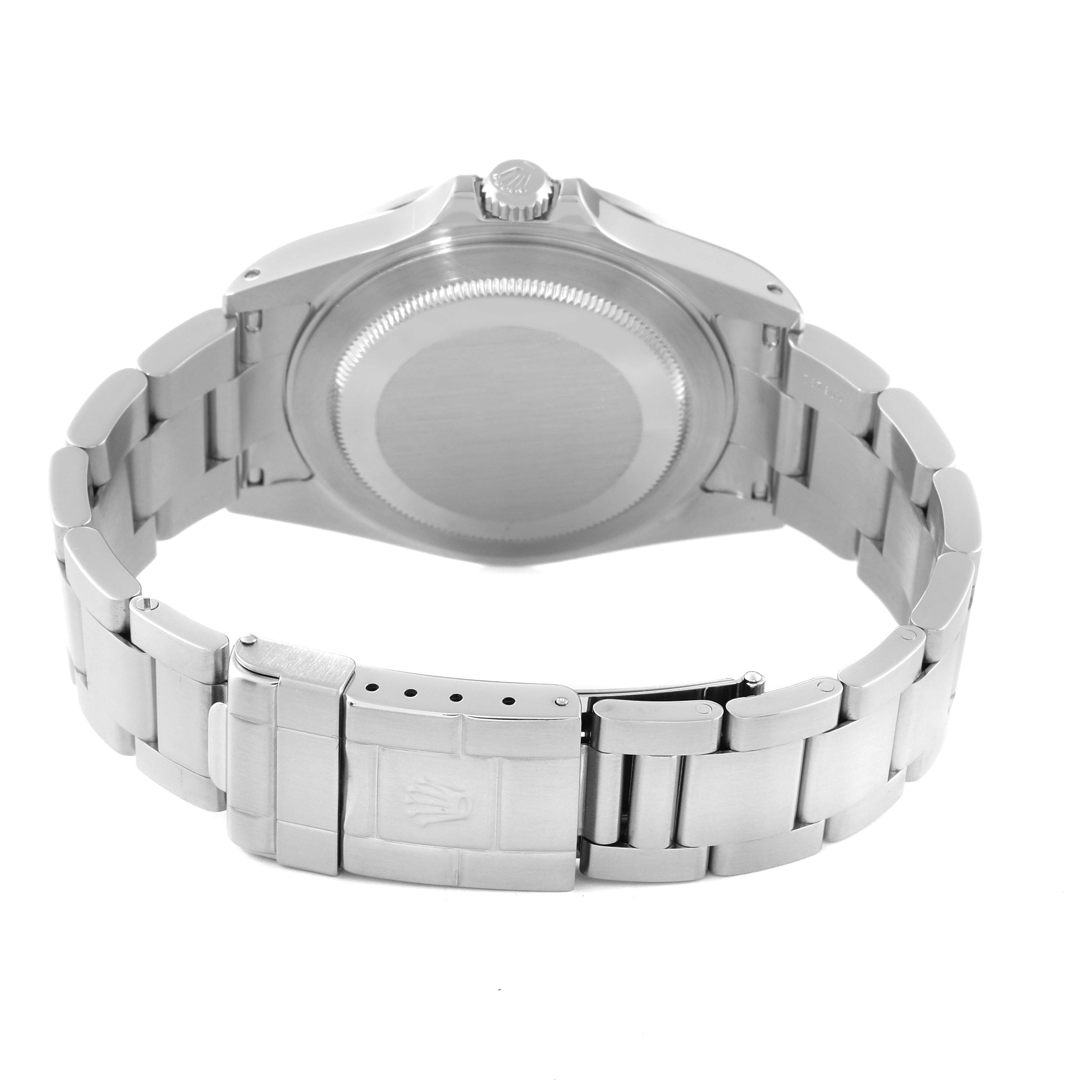 This image shows the back and clasp of the Rolex Explorer 16570 Men's Stainless Steel White Dial 16570 Men's Stainless Steel White Dial watch, with a focus on the bracelet and case back. 