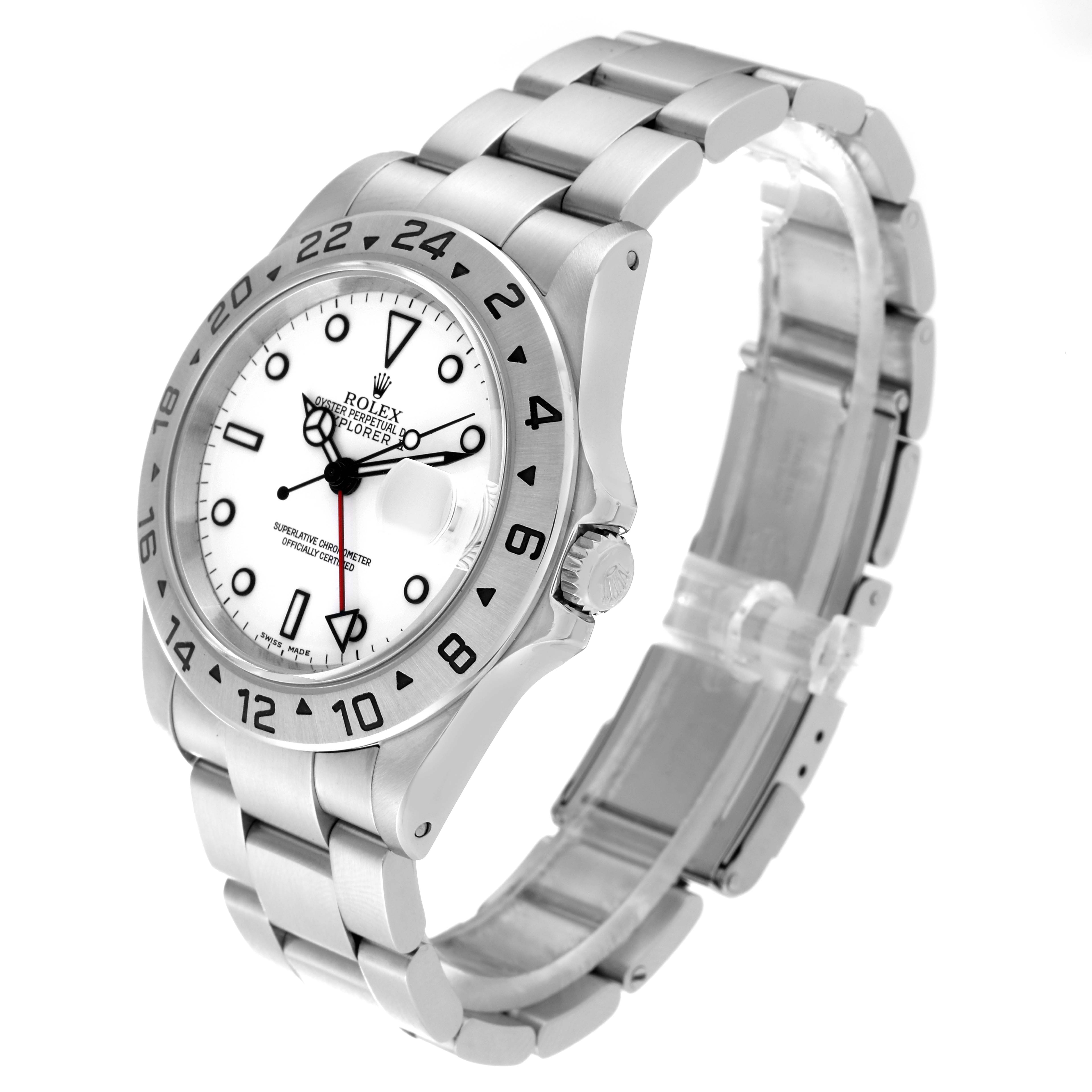 The Rolex Explorer 16570 Men's Stainless Steel White Dial 16570 Men's Stainless Steel White Dial is shown at a 3/4 angle emphasizing the face, bezel, crown, and bracelet.