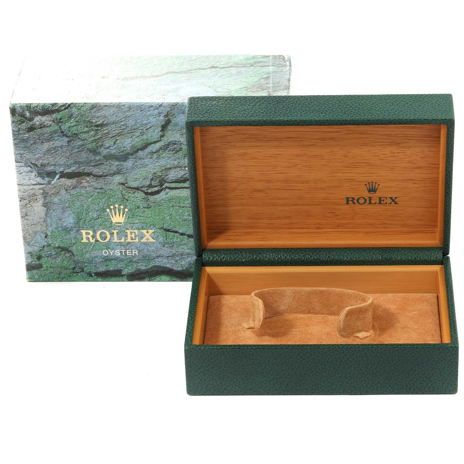 This image shows a Rolex Explorer 16570 Men's Stainless Steel White Dial 16570 Men's Stainless Steel White Dial box and packaging at a front angle, highlighting the interior cushion and wood-textured lining.