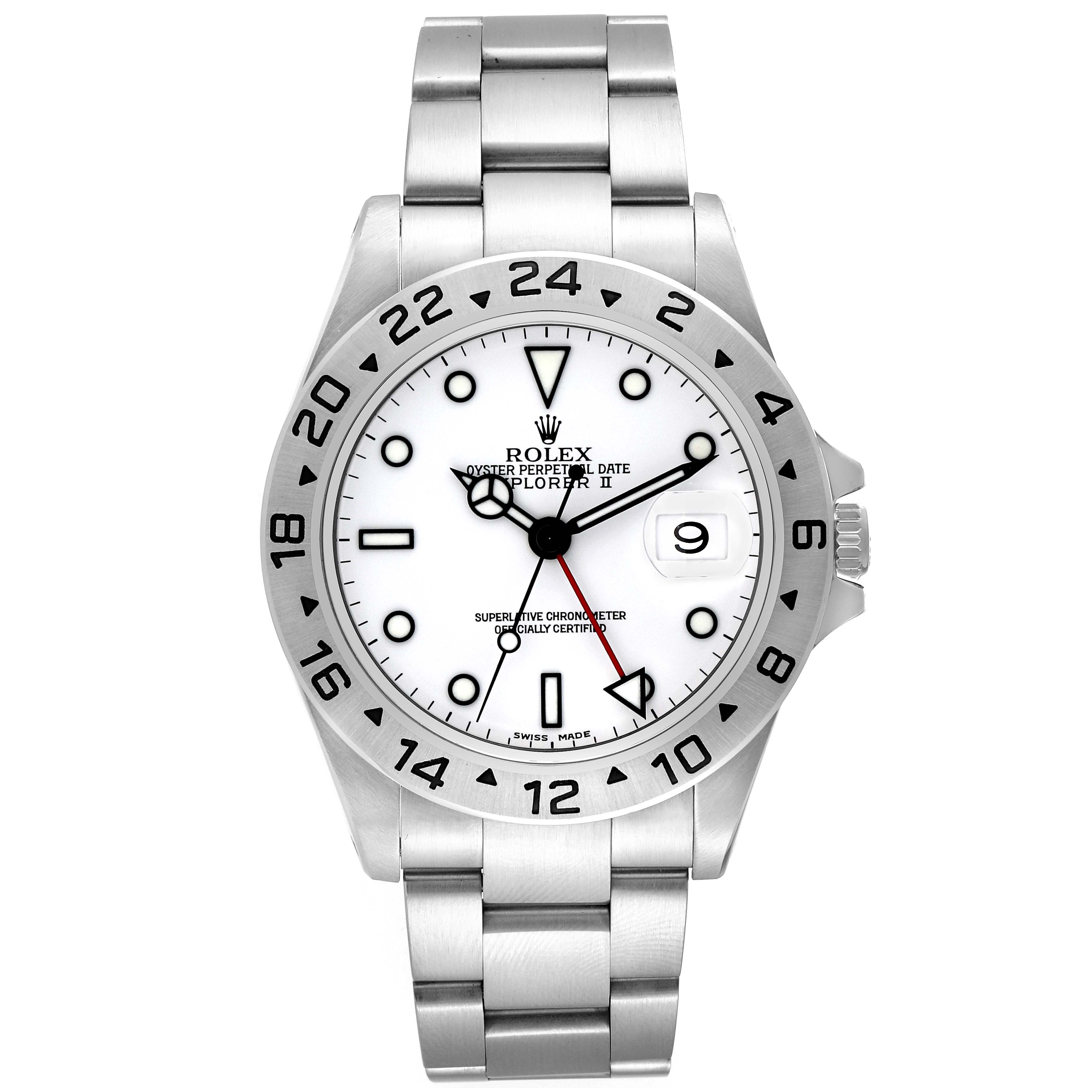The image shows a front view of a Rolex Explorer 16570 Men's Stainless Steel White Dial 16570 Men's Stainless Steel White Dial watch, displaying its dial, bezel, and stainless steel bracelet.