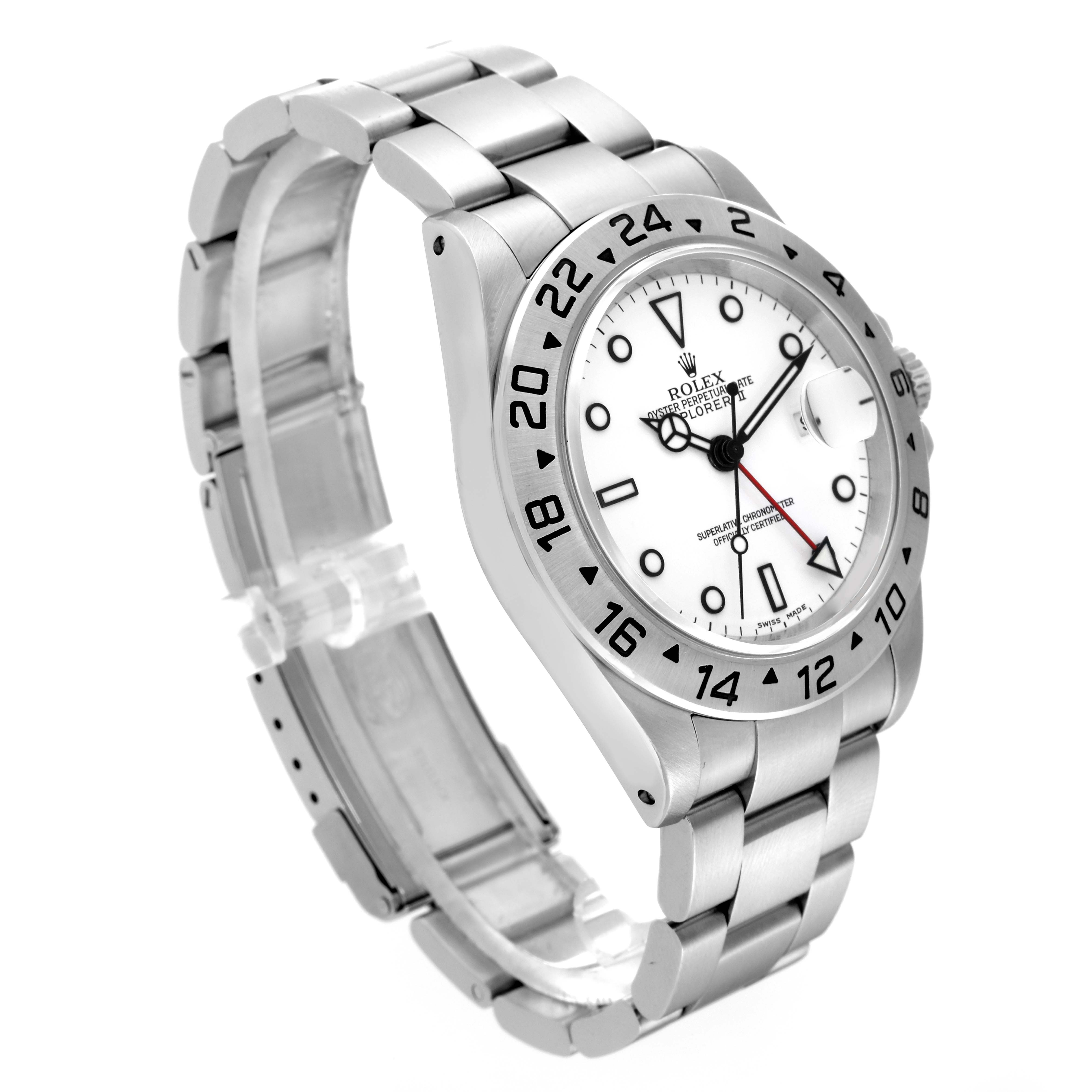 The image shows the Rolex Explorer 16570 Men's Stainless Steel White Dial 16570 Men's Stainless Steel White Dial model from a three-quarter angle, highlighting the face, bezel, and a part of the bracelet.