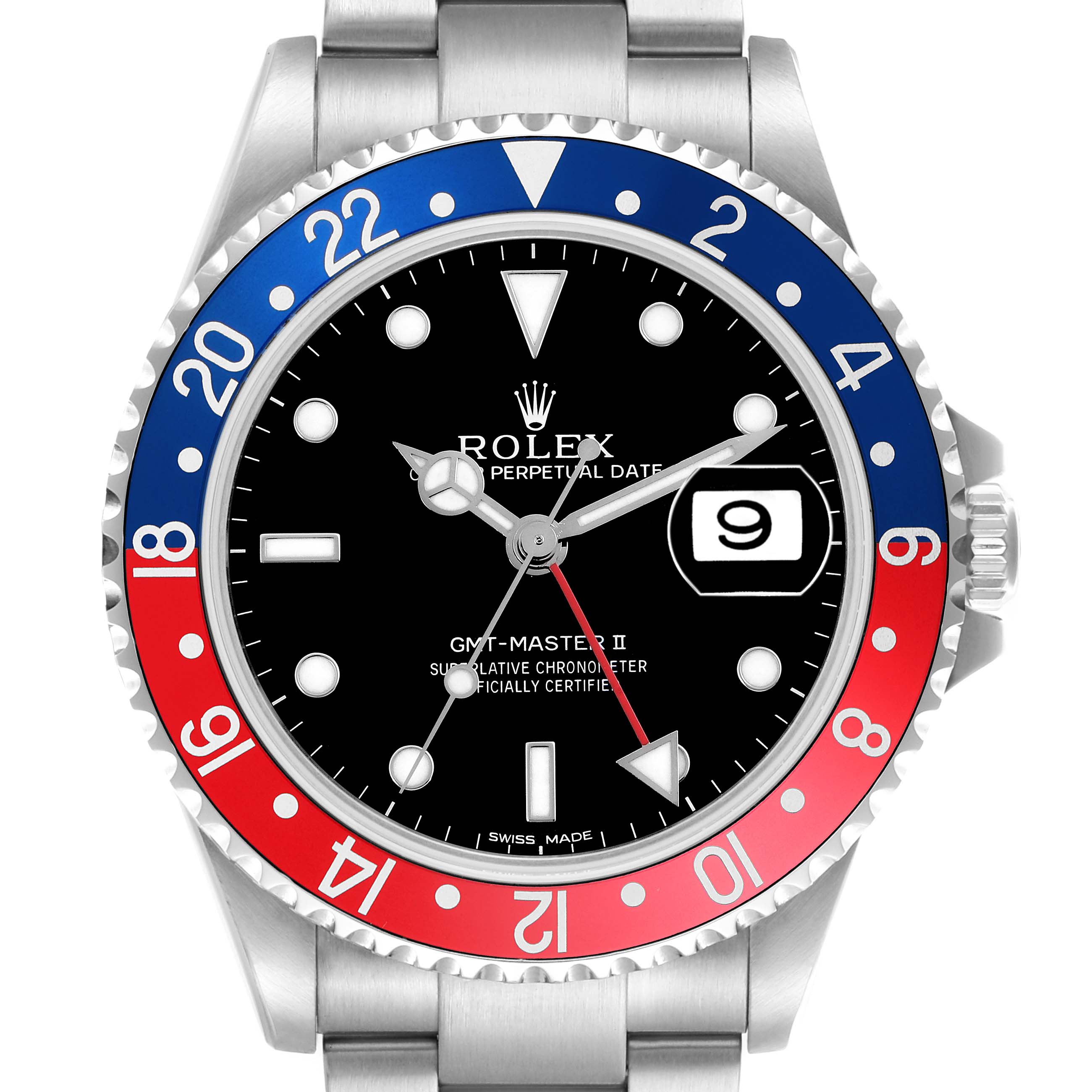 The Rolex GMT-Master model 16710 is shown from the front, highlighting its black dial, red and blue bezel, hour markers, date window, and stainless steel bracelet.