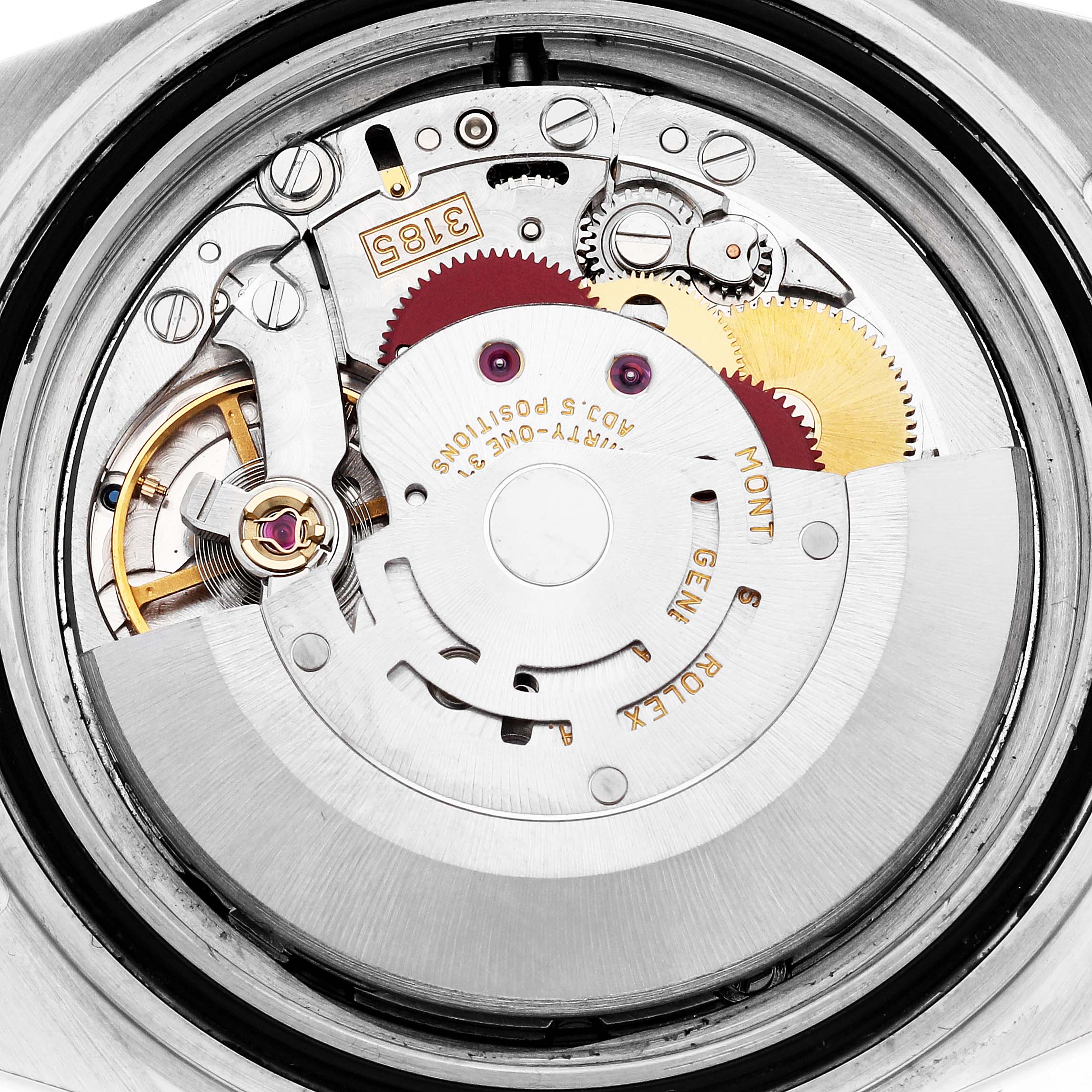 The image shows the internal movement components of a Rolex GMT-Master model 16710, highlighting gears and intricate mechanisms from a back view.