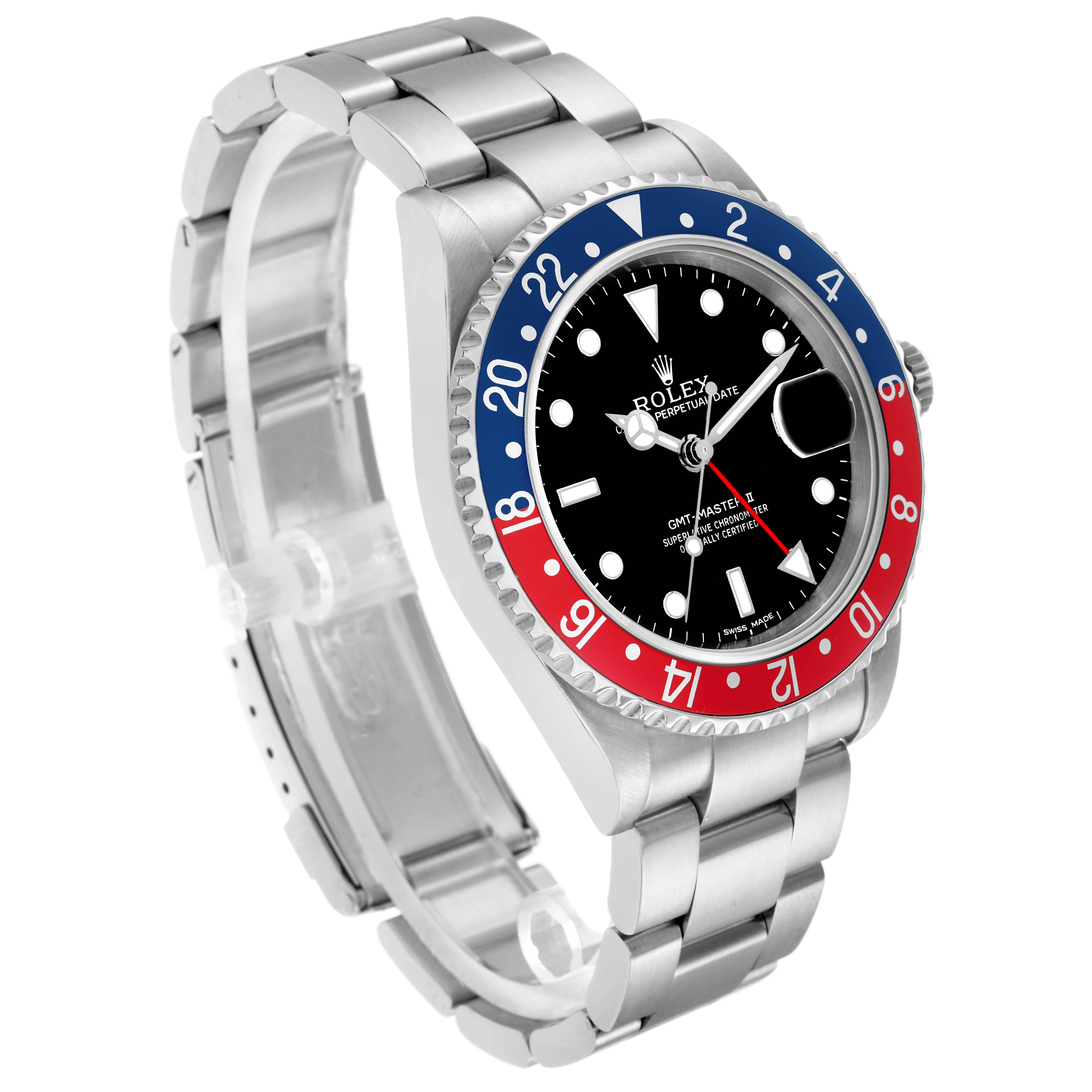 The Rolex GMT-Master model 16710 is shown at a slight angle, highlighting the bezel, dial, and bracelet.