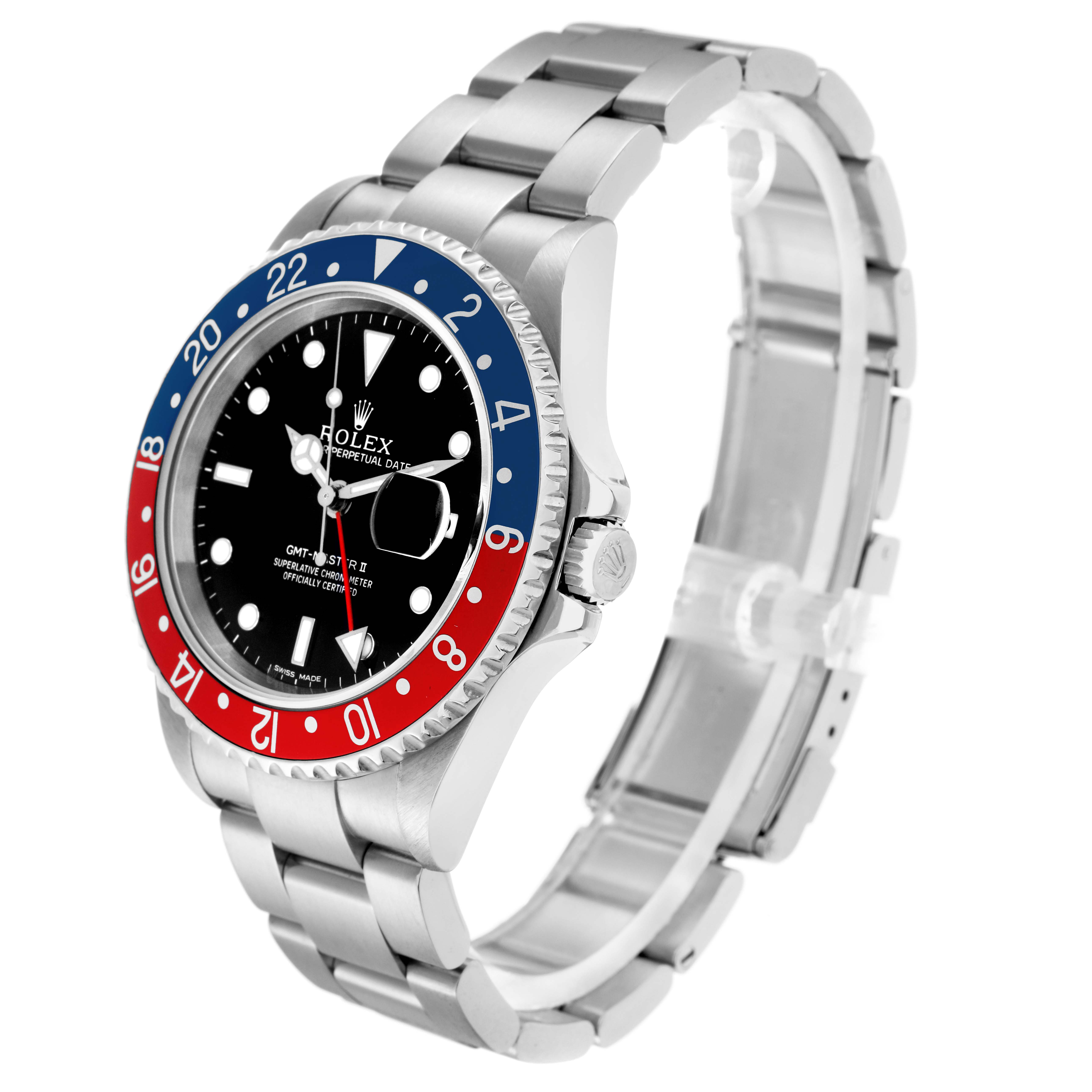 The image shows a Rolex GMT-Master model 16710 watch at a slight angle, highlighting the bezel, dial, case, and bracelet.