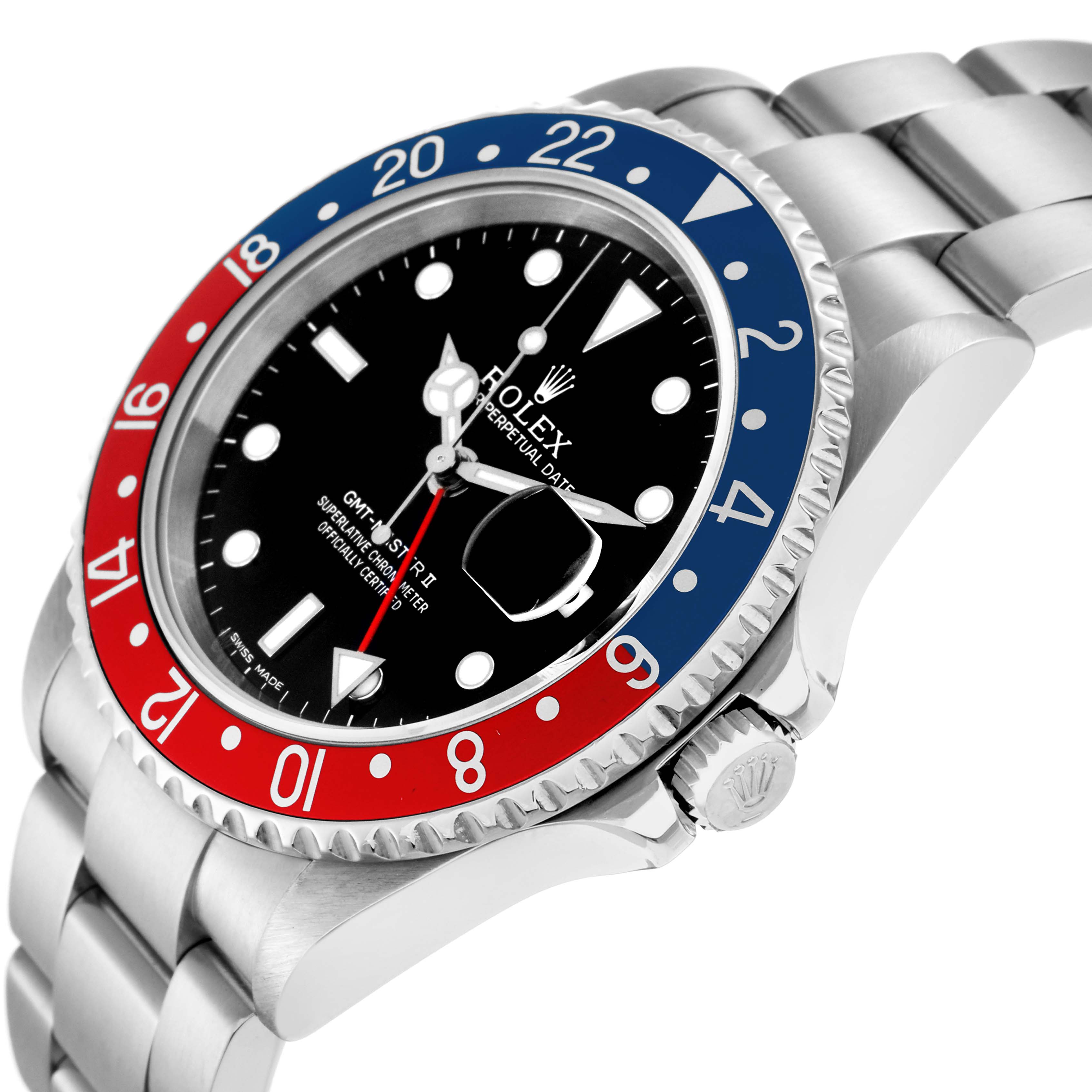 The Rolex GMT-Master model 16710 is shown at an angle highlighting the bezel, crown, and part of the bracelet; featuring a red and blue bezel with a black dial.