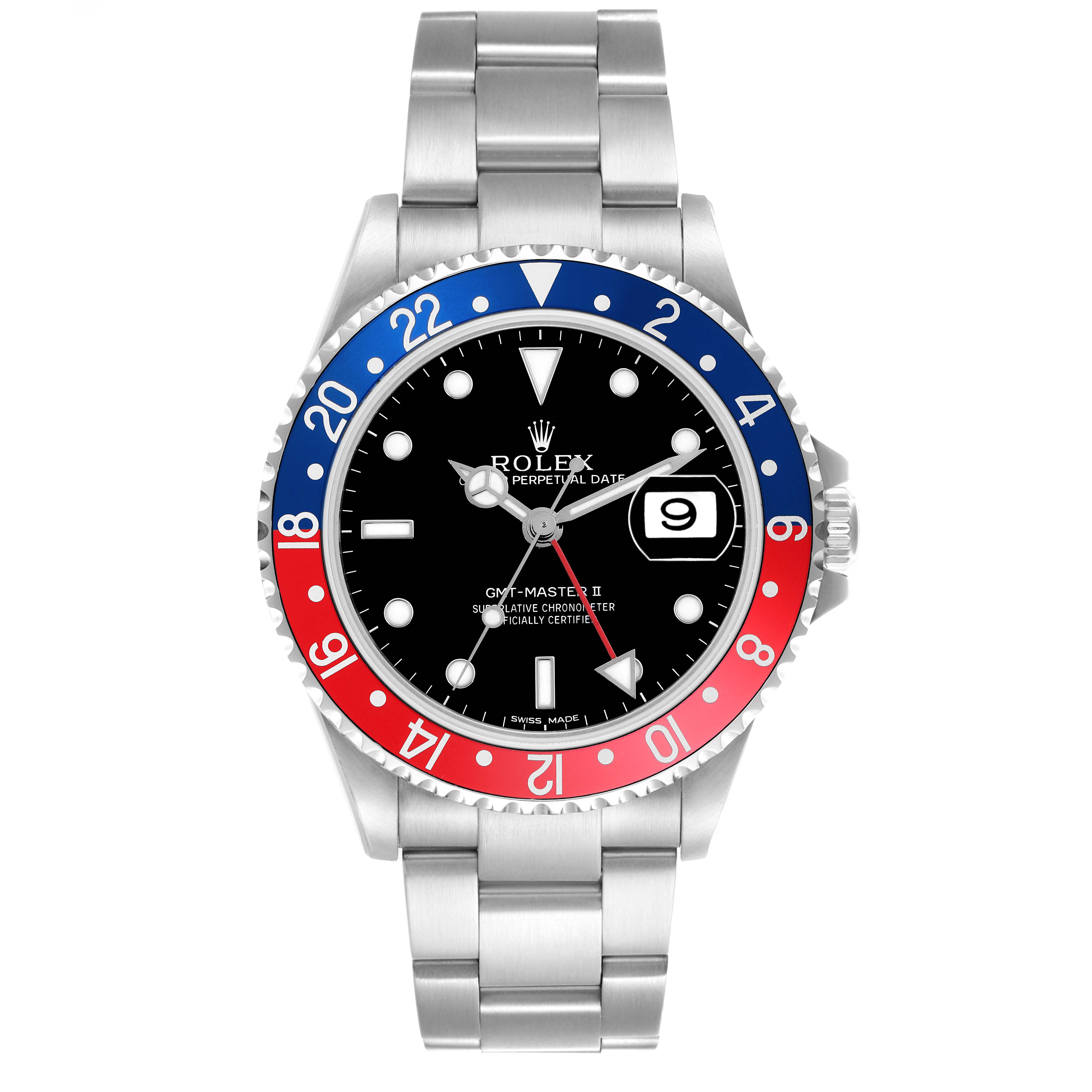 The Rolex GMT-Master model 16710 is shown from a straight-on angle, highlighting the dial, bezel with red and blue colors, and the stainless steel bracelet.