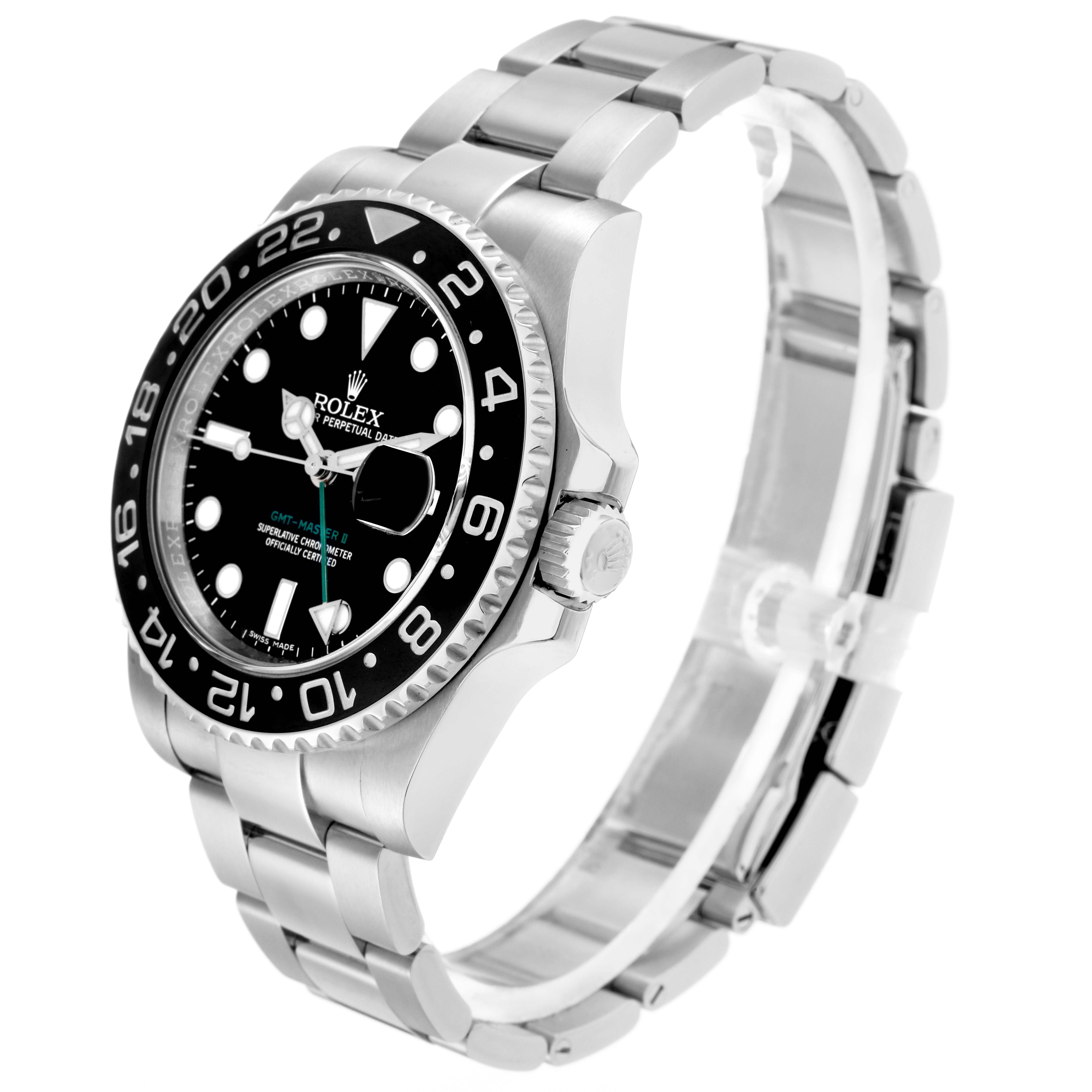 The Rolex GMT-Master model 116710 is shown at a three-quarter angle, displaying the bezel, dial, case, crown, and bracelet clearly.