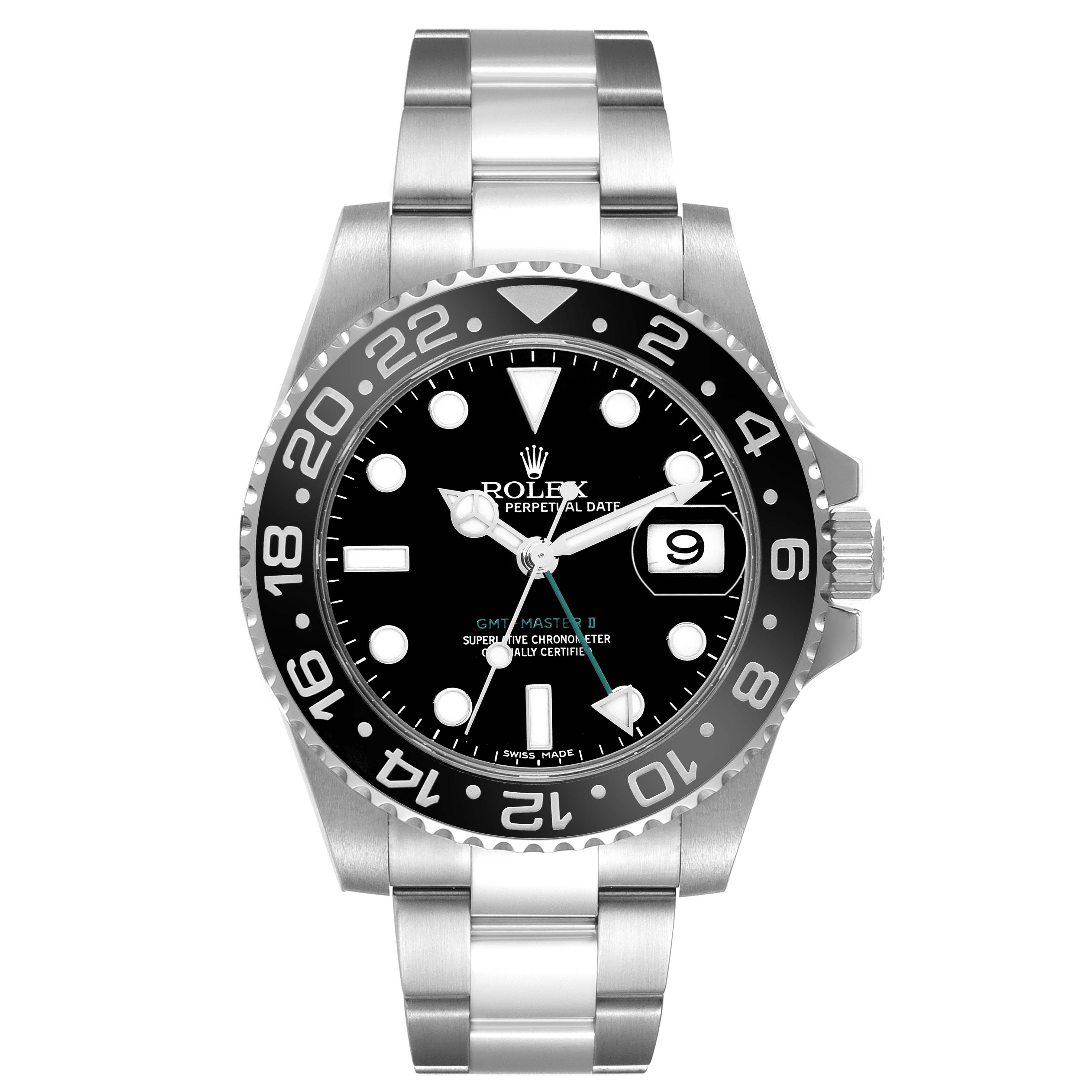 The image shows a Rolex GMT-Master model 116710 men's watch from a front angle, displaying the dial, bezel, hands, crown, and part of the bracelet.