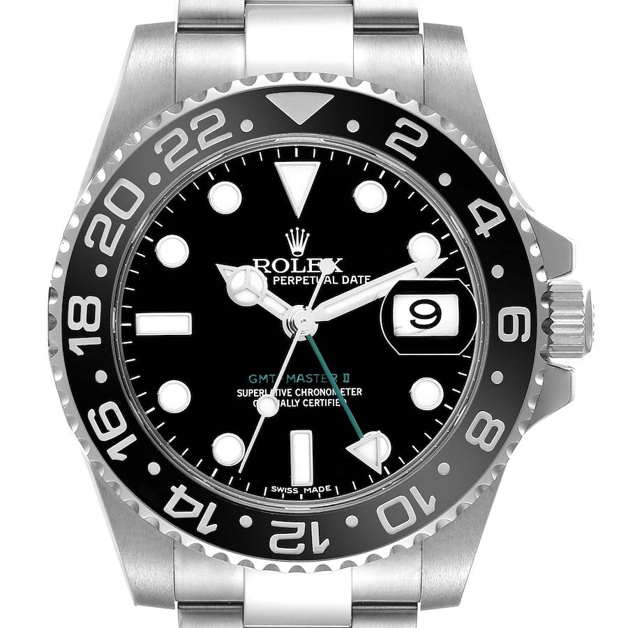 The image shows a frontal view of the Rolex GMT-Master II model 116710, highlighting its black dial, bezel, date window, and bracelet links.