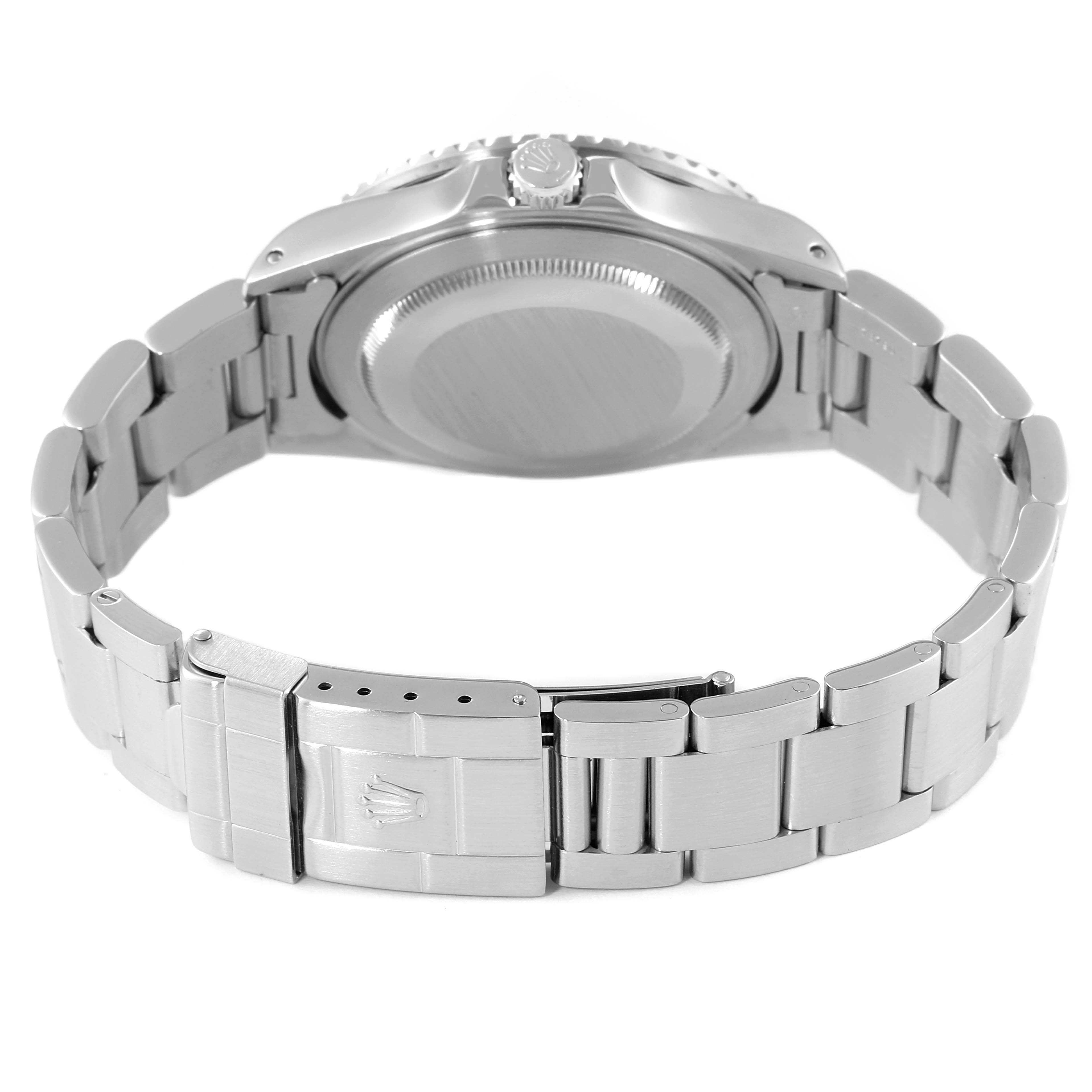 This image shows the back view of a Rolex GMT-Master 16710 Men's Stainless Steel Black Dial 16710 Men's Stainless Steel Black Dial watch, focusing on the stainless steel case and bracelet with the clasp visible.