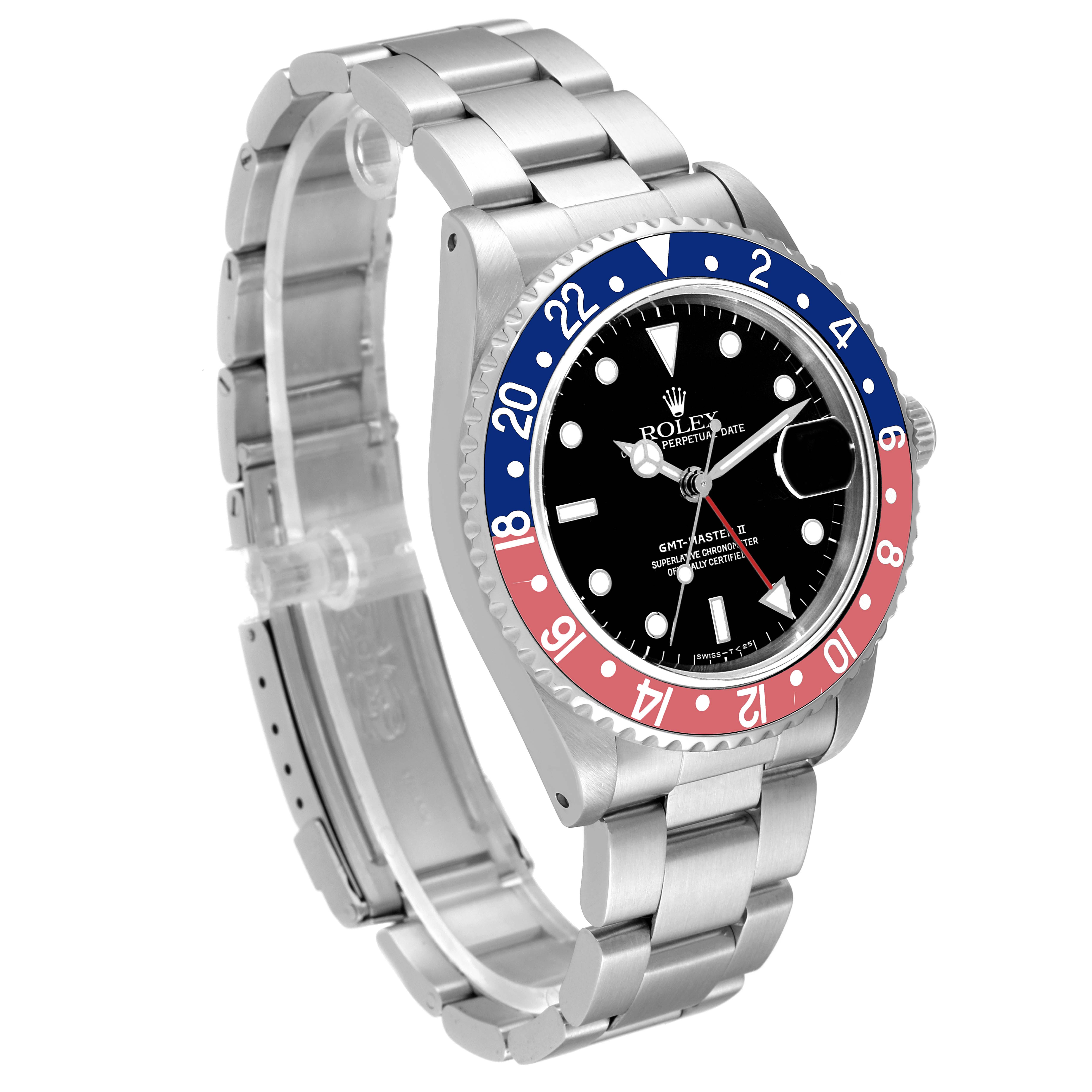 The image shows a side-angle view of a Rolex GMT-Master 16710 Men's Stainless Steel Black Dial 16710 Men's Stainless Steel Black Dial watch, displaying the bezel, dial, and bracelet.