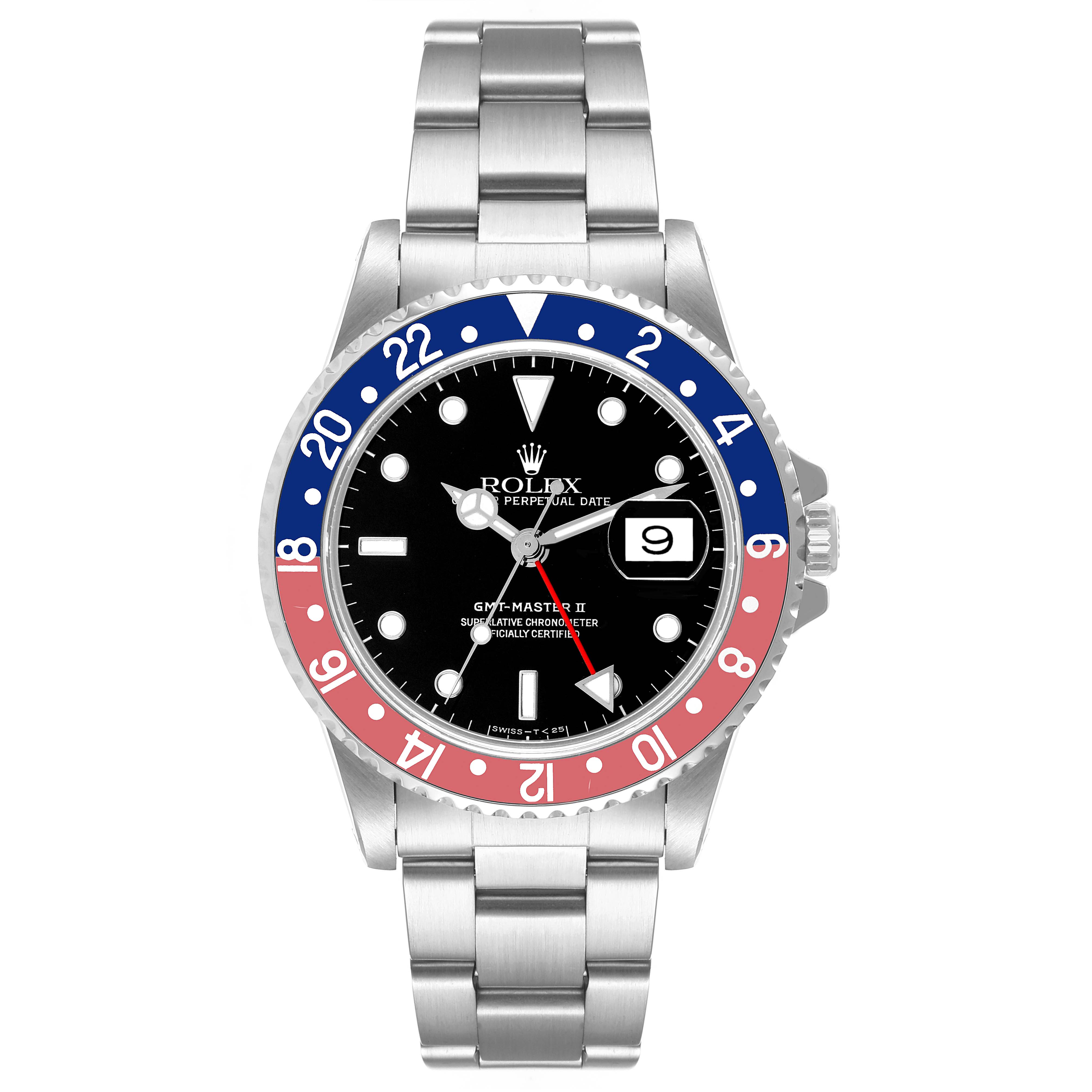 The image shows a front view of the Rolex GMT-Master 16710 Men's Stainless Steel Black Dial 16710 Men's Stainless Steel Black Dial watch featuring a black dial and a red-blue bezel.