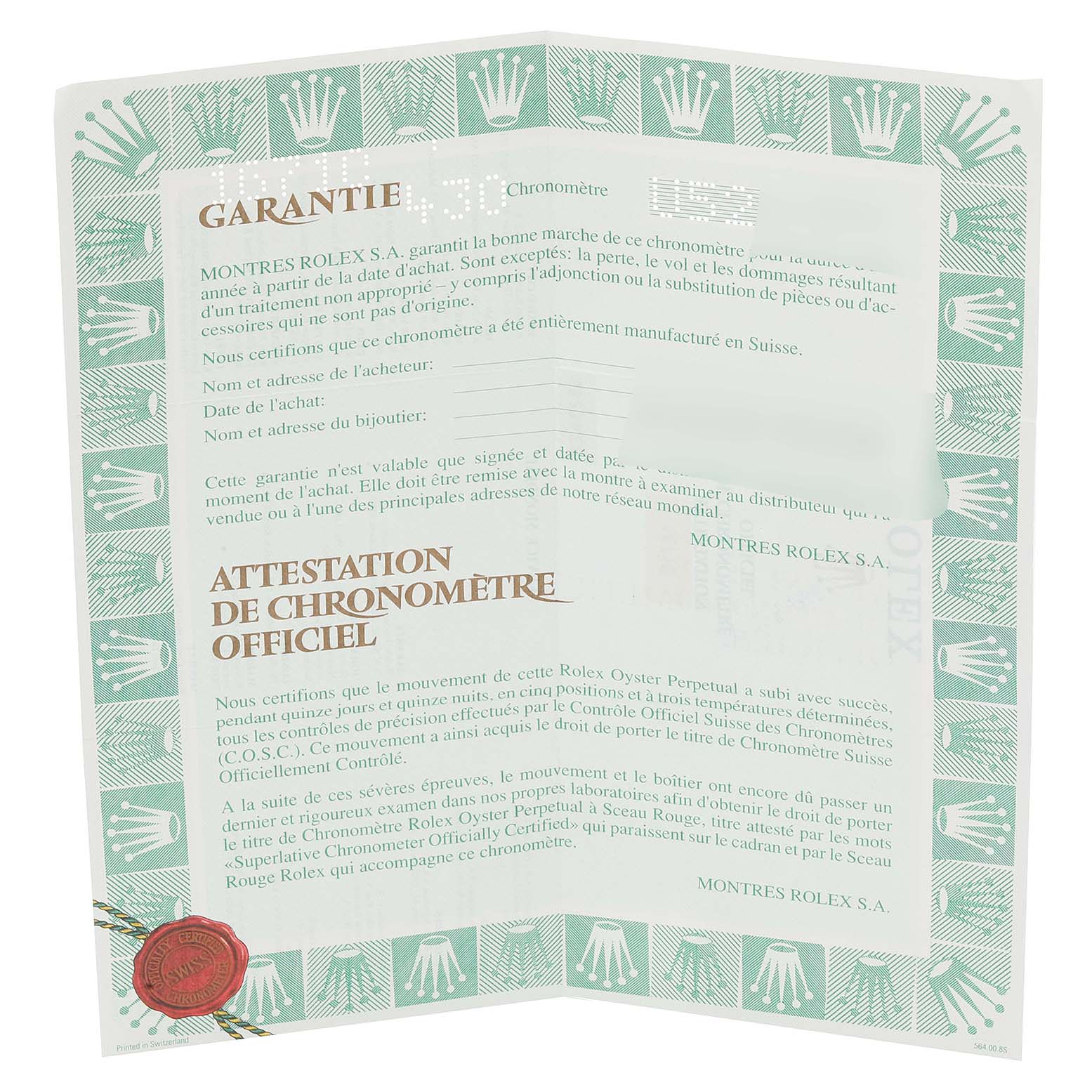 This image shows the warranty and official chronometer certificate for a Rolex GMT-Master 16710 Men's Stainless Steel Black Dial 16710 Men's Stainless Steel Black Dial watch.