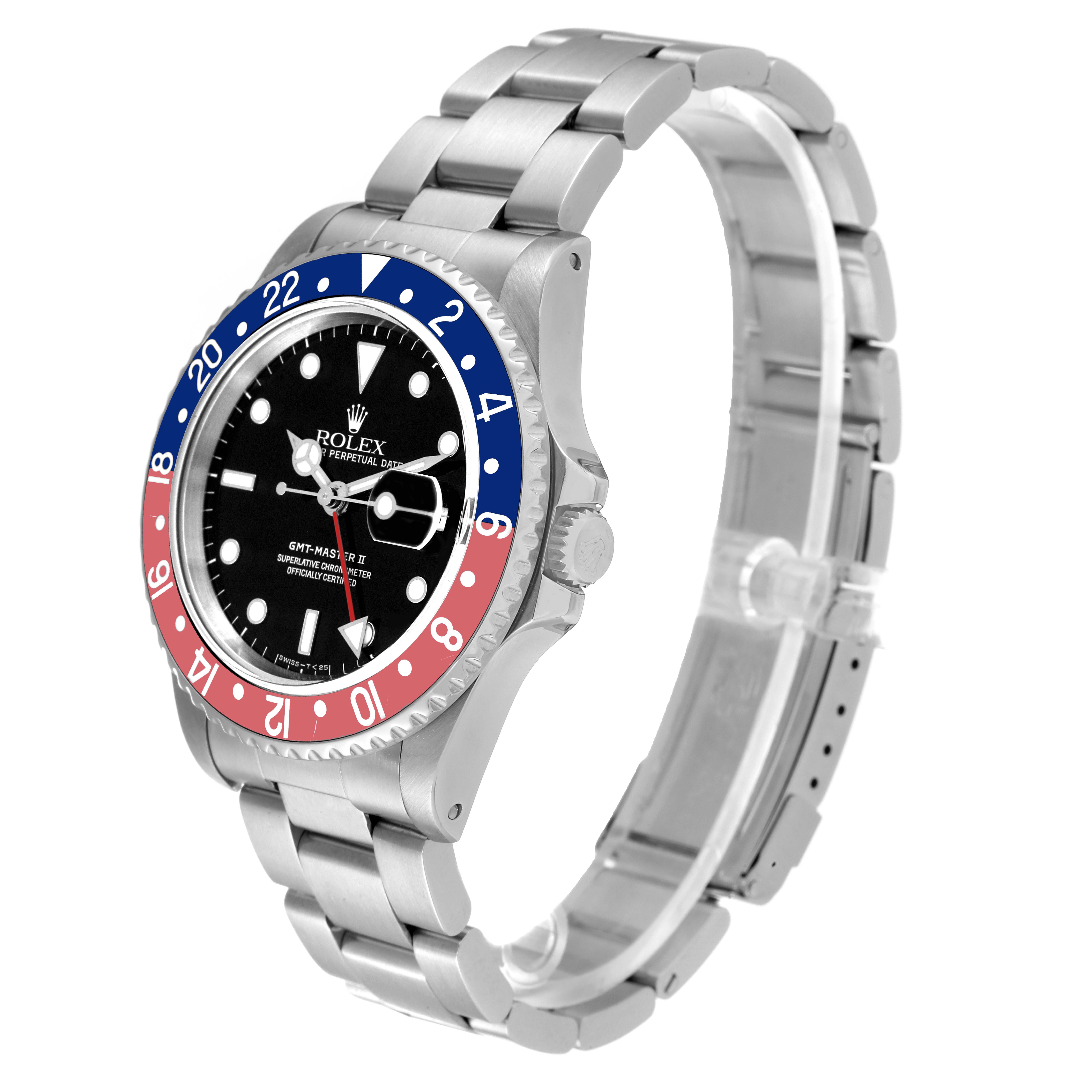 This image shows a side-angle view of a Rolex GMT-Master 16710 Men's Stainless Steel Black Dial 16710 Men's Stainless Steel Black Dial watch, highlighting its bezel, dial, and bracelet.