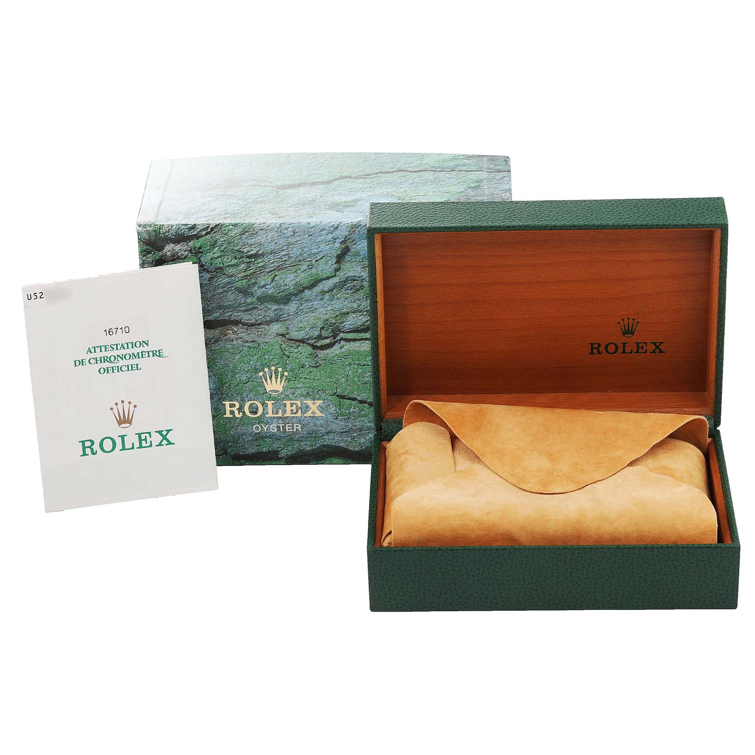 The image shows the packaging and accessories for the Rolex GMT-Master 16710 Men's Stainless Steel Black Dial 16710 Men's Stainless Steel Black Dial watch, including a green box, a leather pouch, and documentation.