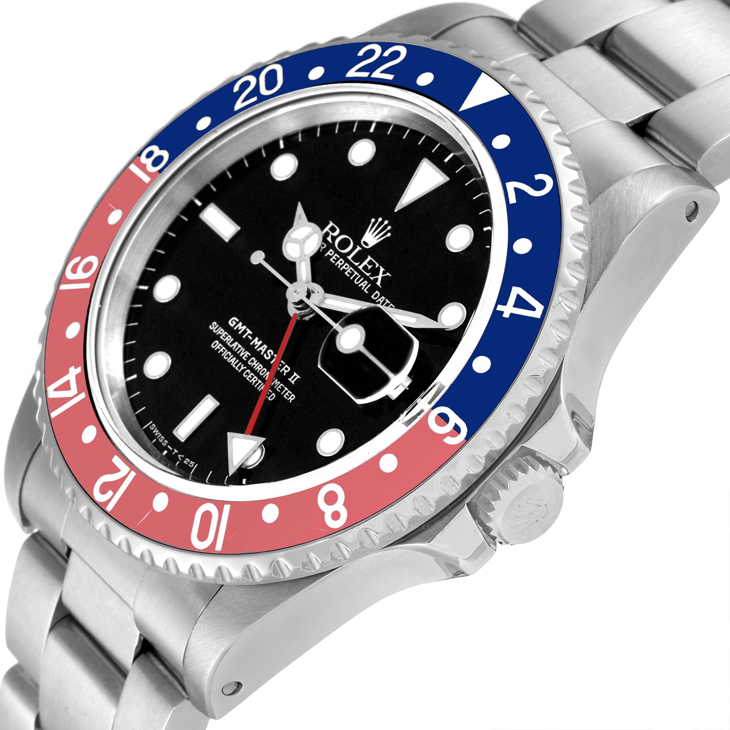 This image shows a close-up angle of the Rolex GMT-Master 16710 Men's Stainless Steel Black Dial 16710 Men's Stainless Steel Black Dial II watch displaying the bezel, dial, and part of the bracelet.